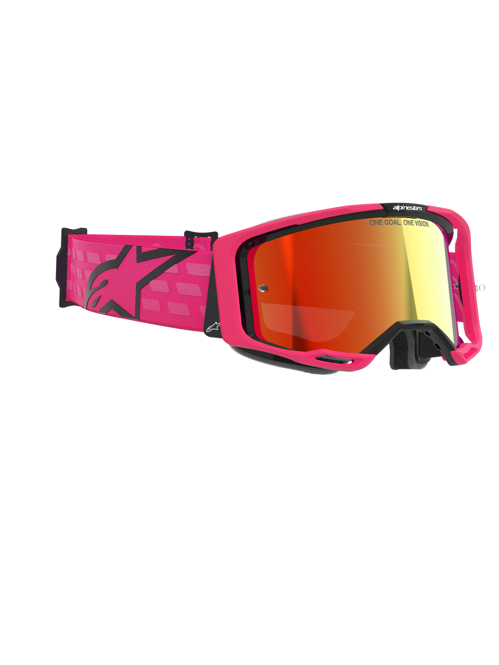 Alpinestars Vision 8 Corp Goggles, occhiali da motocross, rosa e rosso a specchio, con montatura rosa vivace e ampia fascia con logo Alpinestars nero, lente rossa specchiata antiappannamento, maschera ad alte prestazioni per corse fuoristrada