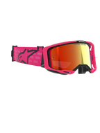 Alpinestars Vision 8 Corp Goggles, occhiali da motocross, rosa e rosso a specchio, con montatura rosa vivace e ampia fascia con logo Alpinestars nero, lente rossa specchiata antiappannamento, maschera ad alte prestazioni per corse fuoristrada