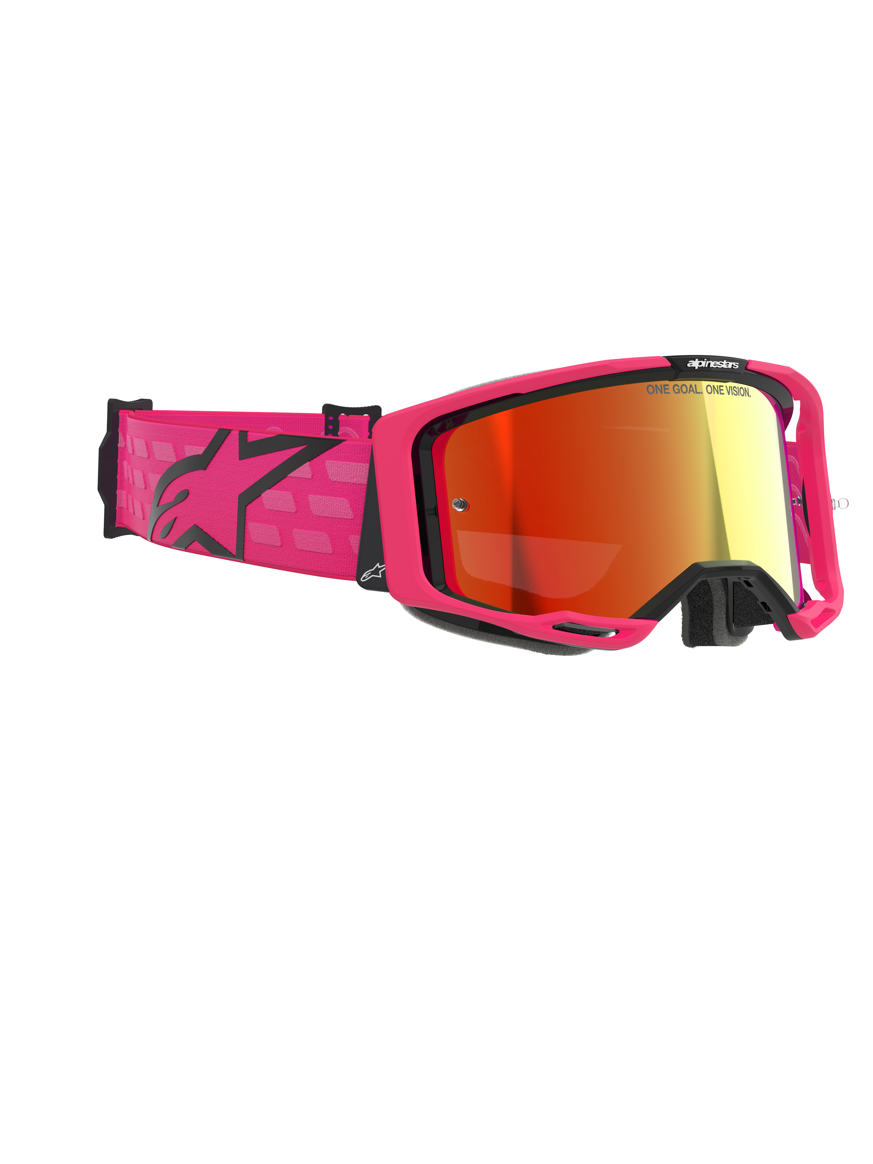 Alpinestars Vision 8 Corp Goggles, occhiali da motocross, rosa e rosso a specchio, con montatura rosa vivace e ampia fascia con logo Alpinestars nero, lente rossa specchiata antiappannamento, maschera ad alte prestazioni per corse fuoristrada