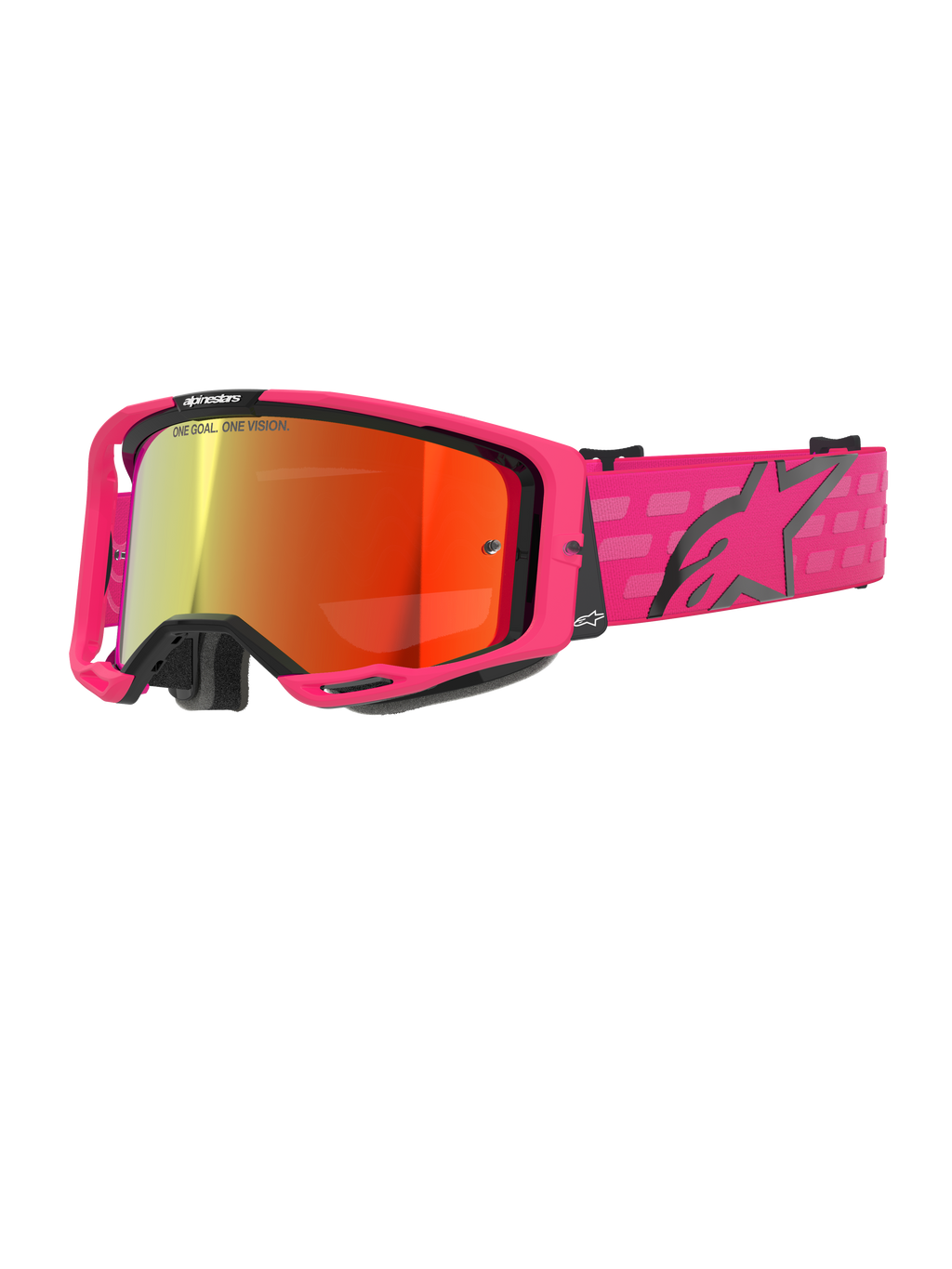 Alpinestars Vision 8 Corp Goggles, occhiali da motocross, rosa con lente a specchio rossa, montatura rosa con dettagli neri, cinturino rosa regolabile con logo nero e motivo a scacchi, occhiali professionali per fuoristrada