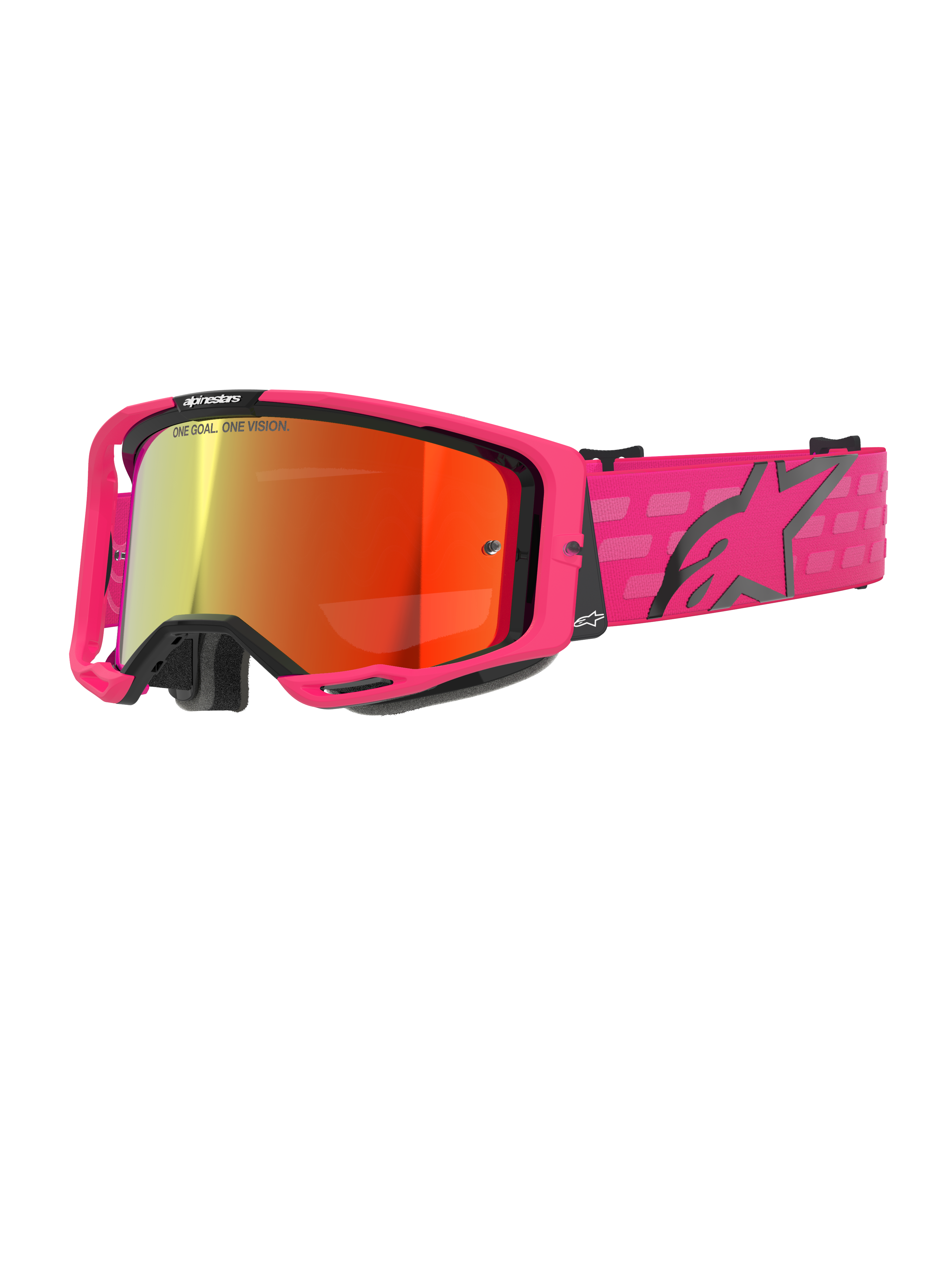 Alpinestars Vision 8 Corp Goggles, occhiali da motocross, rosa con lente a specchio rossa, montatura rosa con dettagli neri, cinturino rosa regolabile con logo nero e motivo a scacchi, occhiali professionali per fuoristrada