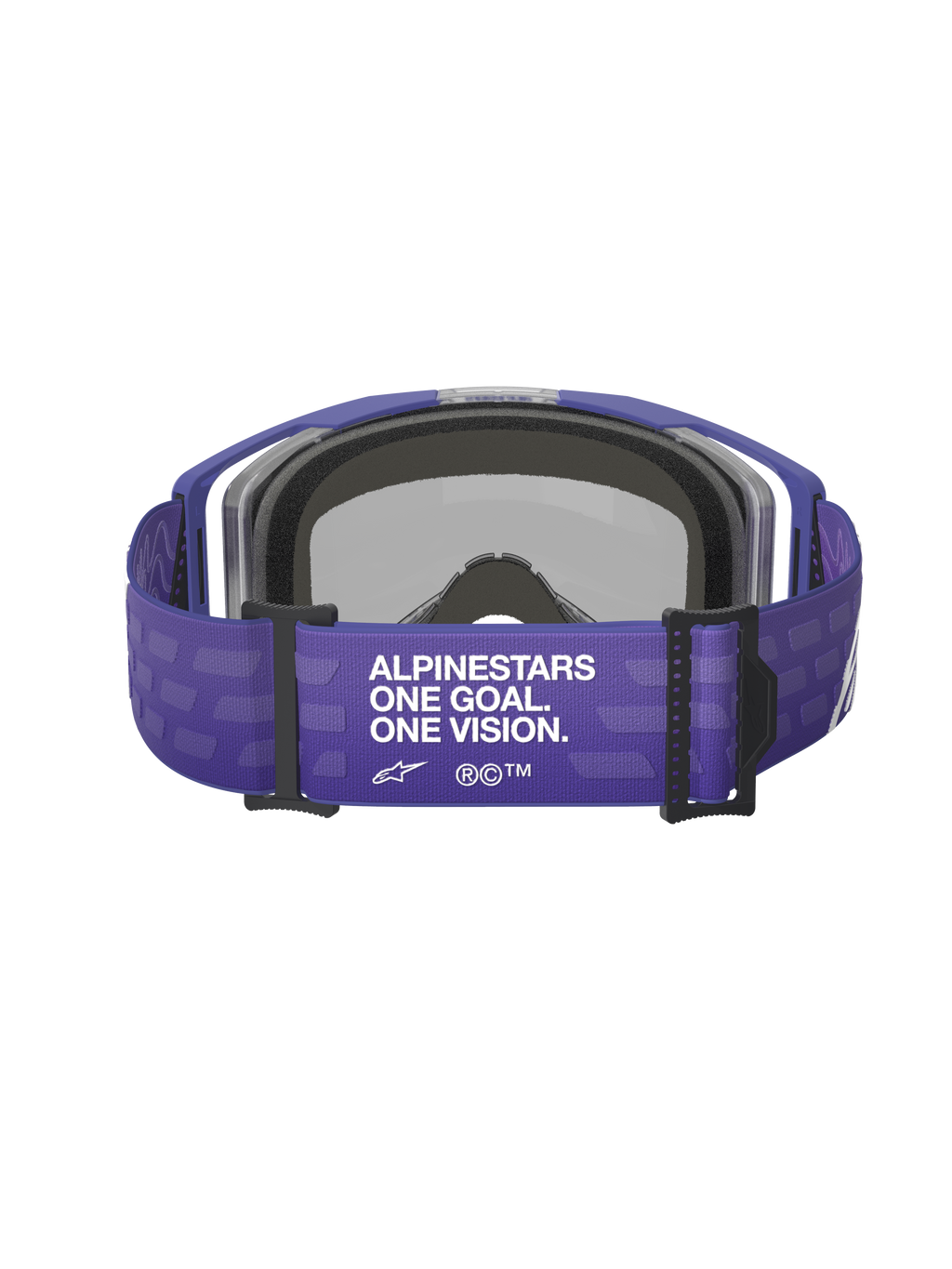 Alpinestars Vision 8 Corp Goggles, viola, vista posteriore con ampia fascia viola e testo bianco 'ALPINESTARS ONE GOAL. ONE VISION.', componenti neri e schiuma facciale grigia, maschera da motocross