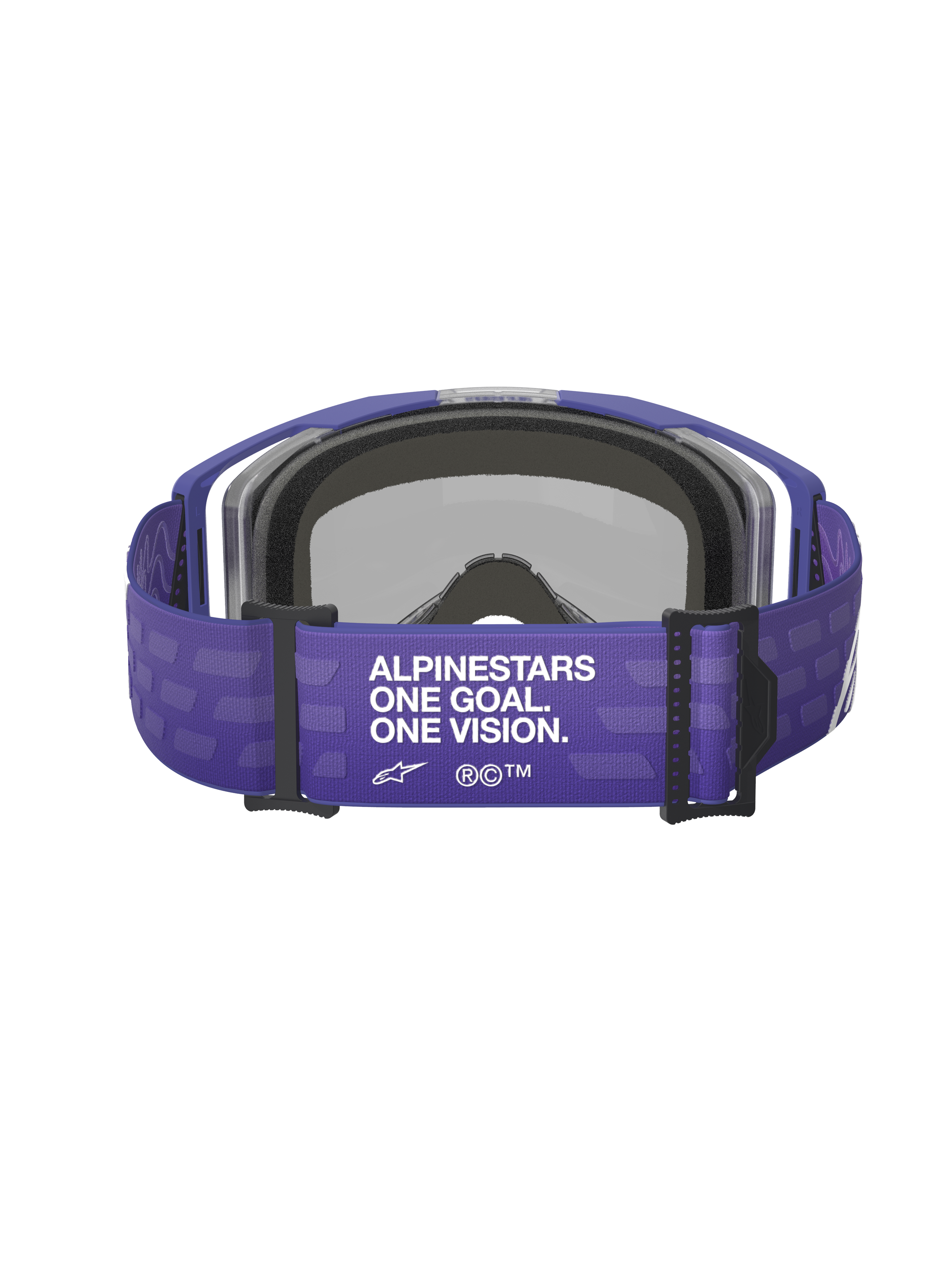 Alpinestars Vision 8 Corp Goggles, viola, vista posteriore con ampia fascia viola e testo bianco 'ALPINESTARS ONE GOAL. ONE VISION.', componenti neri e schiuma facciale grigia, maschera da motocross