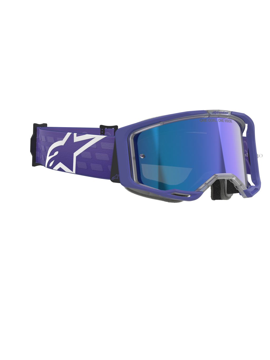 Alpinestars Vision 8 Corp Goggles, maschere da motocross, Purple Mirror Blue, con montatura viola e lente blu specchiata antiappannamento, ampia fascia viola con logo Alpinestars bianco, protezione oculare ad alte prestazioni per il fuoristrada
