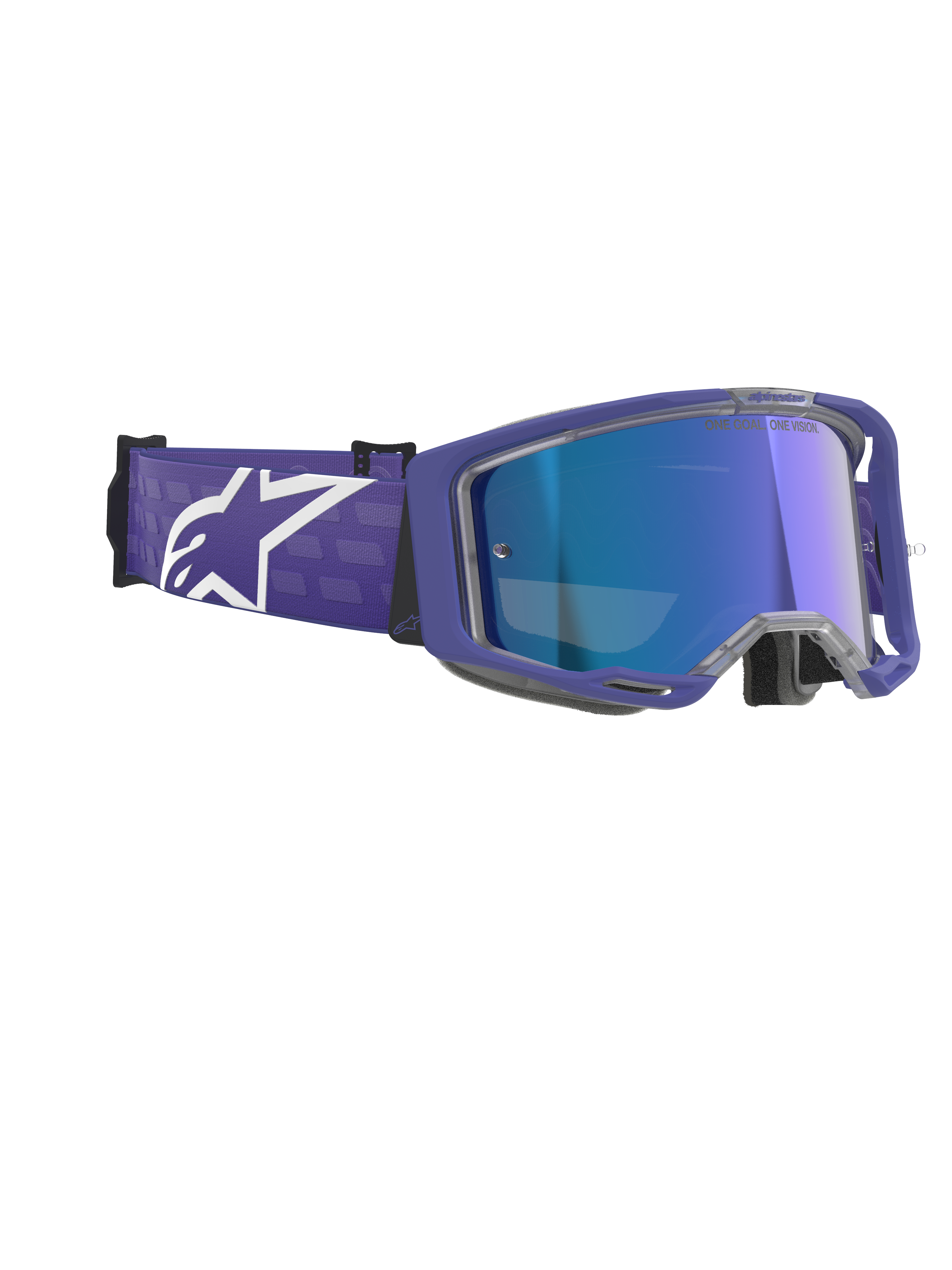 Alpinestars Vision 8 Corp Goggles, maschere da motocross, Purple Mirror Blue, con montatura viola e lente blu specchiata antiappannamento, ampia fascia viola con logo Alpinestars bianco, protezione oculare ad alte prestazioni per il fuoristrada