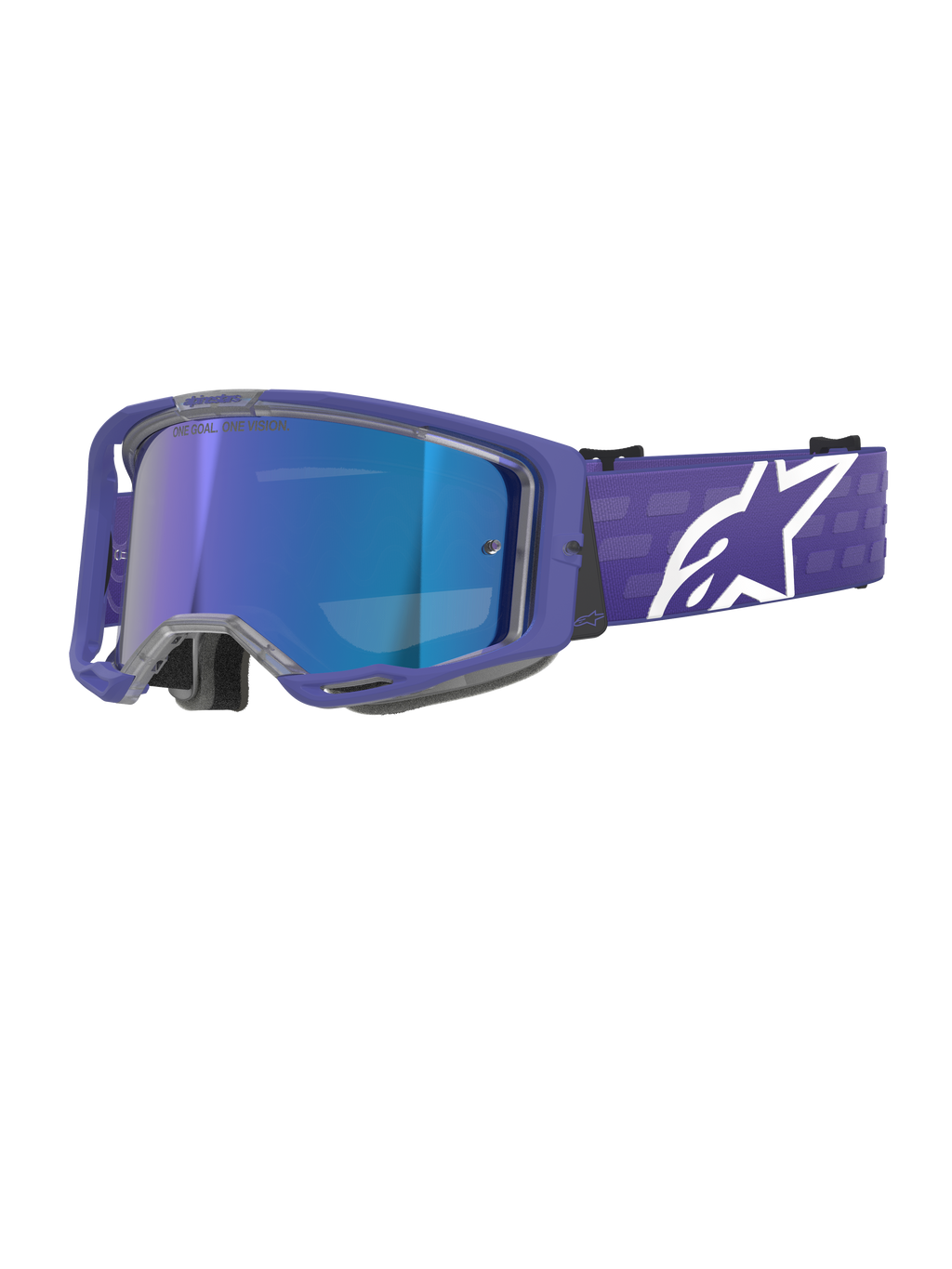 Maschera Alpinestars Vision 8 Corp, occhiali da motocross, viola e blu specchiato, lente blu riflettente con scritta 'One Goal. One Vision.', montatura viola con cinturino largo e logo Alpinestars bianco, protezione oculare per gare fuoristrada