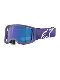 Maschera Alpinestars Vision 8 Corp, occhiali da motocross, viola e blu specchiato, lente blu riflettente con scritta 'One Goal. One Vision.', montatura viola con cinturino largo e logo Alpinestars bianco, protezione oculare per gare fuoristrada