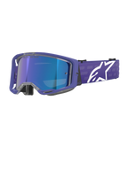 Maschera Alpinestars Vision 8 Corp, occhiali da motocross, viola e blu specchiato, lente blu riflettente con scritta 'One Goal. One Vision.', montatura viola con cinturino largo e logo Alpinestars bianco, protezione oculare per gare fuoristrada