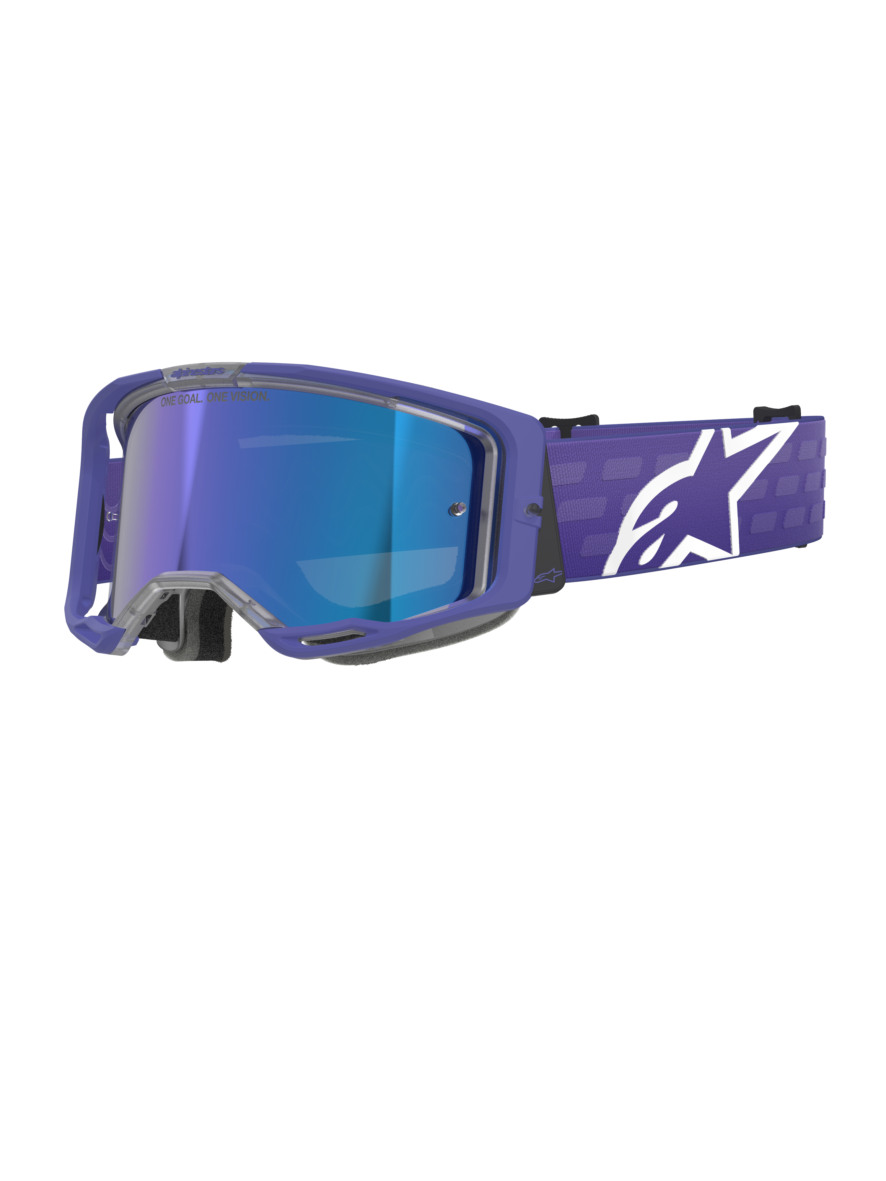 Maschera Alpinestars Vision 8 Corp, occhiali da motocross, viola e blu specchiato, lente blu riflettente con scritta 'One Goal. One Vision.', montatura viola con cinturino largo e logo Alpinestars bianco, protezione oculare per gare fuoristrada