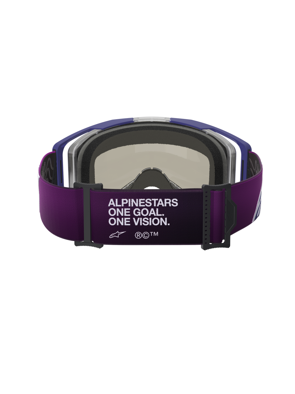 Maschere Alpinestars Vision 8 Corp, vista posteriore, cinturino viola con testo bianco "ALPINESTARS ONE GOAL. ONE VISION.", schiuma facciale grigia modellata in 3D, telaio viola, maschere da motocross ad alte prestazioni