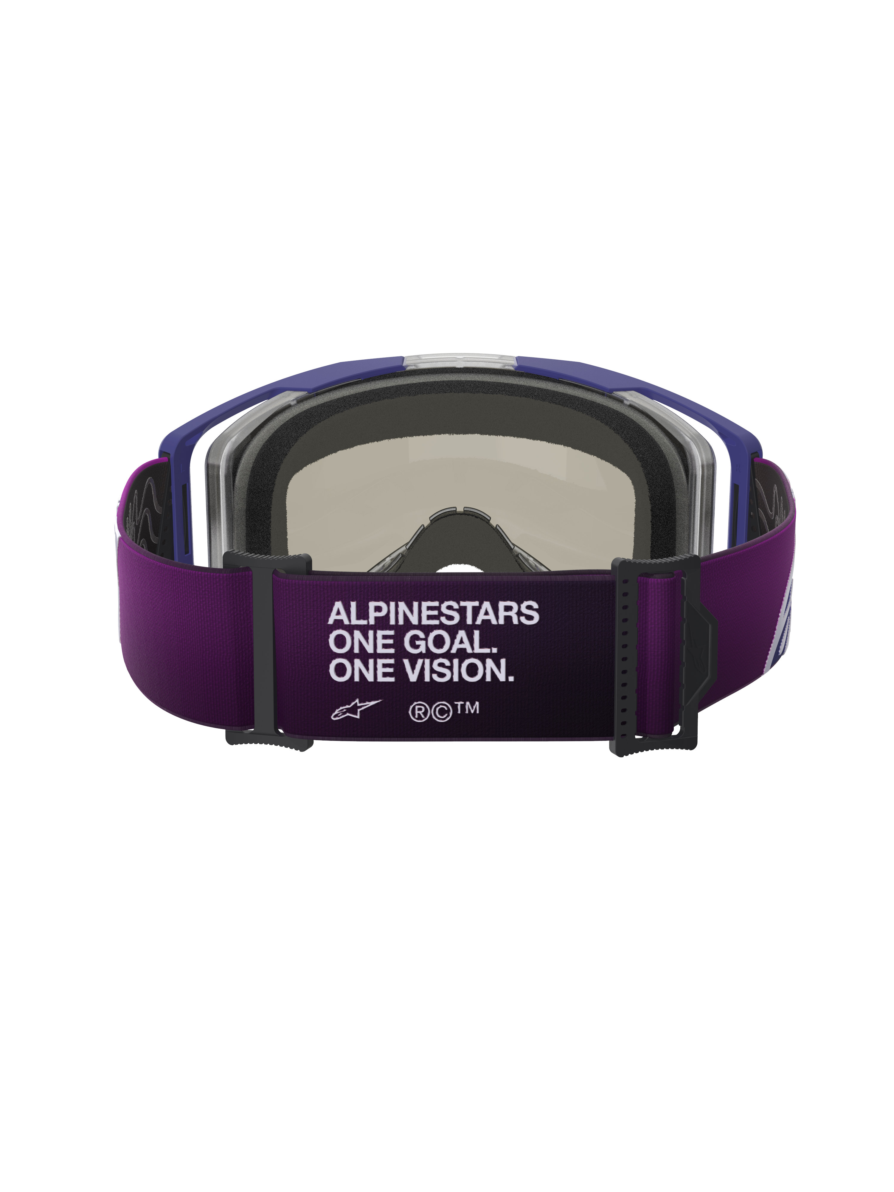 Maschere Alpinestars Vision 8 Corp, vista posteriore, cinturino viola con testo bianco "ALPINESTARS ONE GOAL. ONE VISION.", schiuma facciale grigia modellata in 3D, telaio viola, maschere da motocross ad alte prestazioni