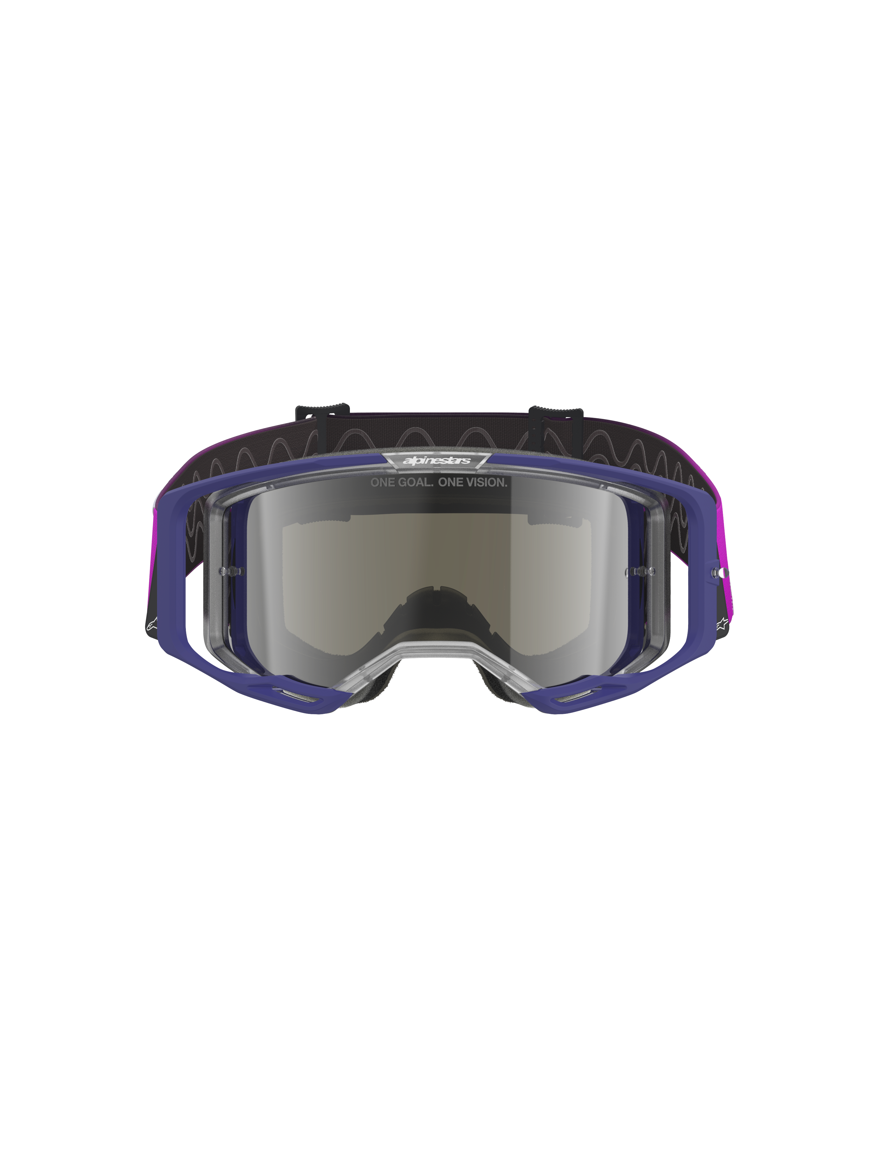 Maschere Alpinestars Vision 8 Corp, occhiali da motocross con montatura viola e lente a specchio argento grigio chiaro, costruzione leggera A-FLEX, ventilazione RAM-AIR, marchio "ONE GOAL. ONE VISION." sulla lente, cinturino viola, protezione professionale per gli occhi off-road