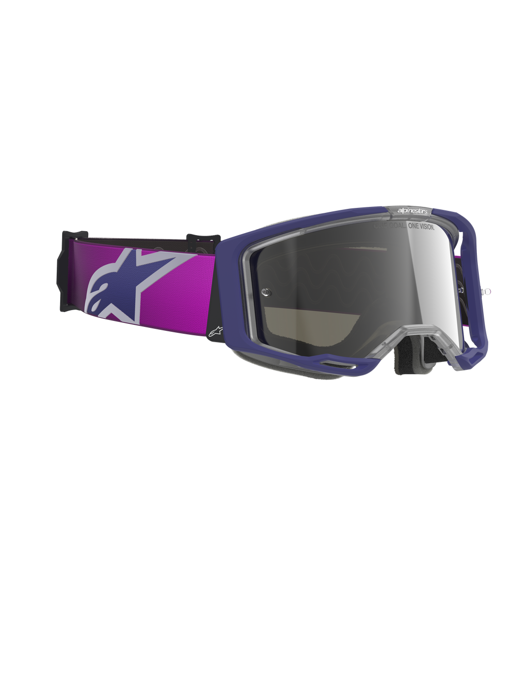Alpinestars Vision 8 Corp Goggles, maschere da motocross, montatura viola con lente Light Gray Mirror Silver, ampio cinturino viola con grande logo Alpinestars, design del telaio A-FLEX e lente a specchio colorata, occhiali da gara off-road professionali