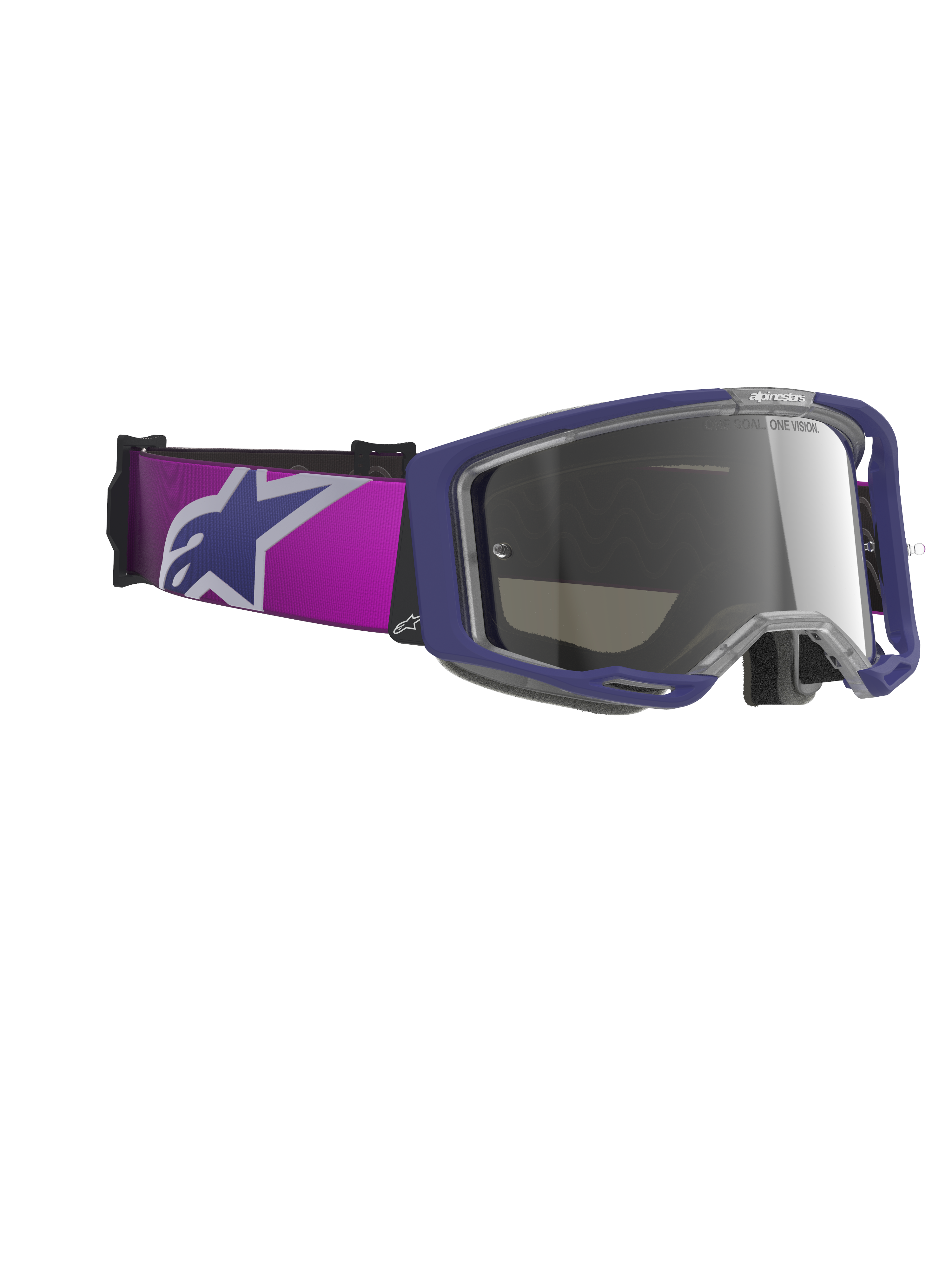 Alpinestars Vision 8 Corp Goggles, maschere da motocross, montatura viola con lente Light Gray Mirror Silver, ampio cinturino viola con grande logo Alpinestars, design del telaio A-FLEX e lente a specchio colorata, occhiali da gara off-road professionali