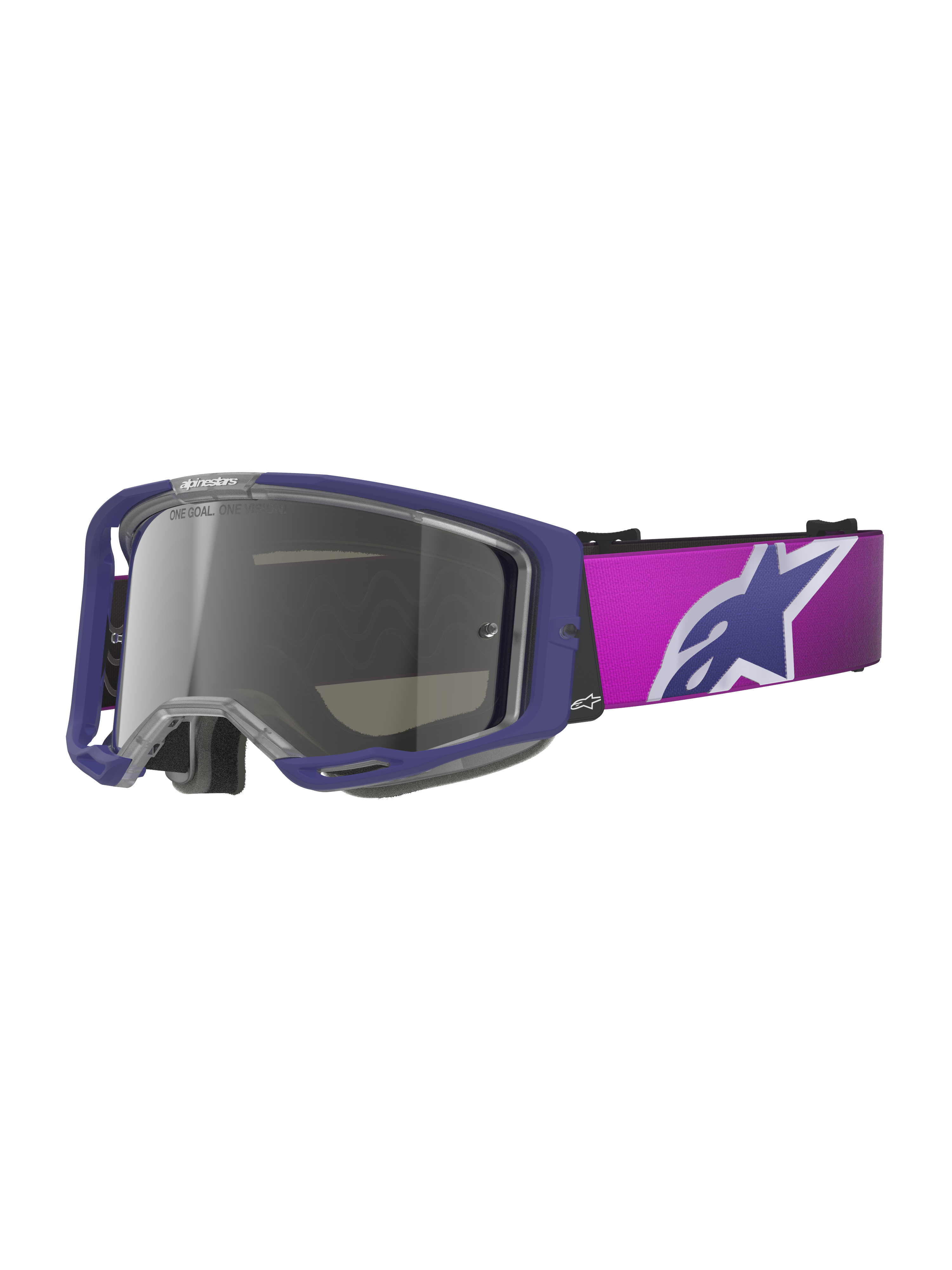 Alpinestars Vision 8 Corp Goggles, maschere da motocross, viola e rosa con lente argento a specchio grigio chiaro, grande logo a stella Alpinestars sulla fascia, telaio leggero A-FLEX per gare off-road