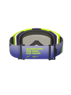 Occhiali Alpinestars Vision 8 Corp, vista posteriore con focus sulla fascia sfumata viola e blu, scritta 'ALPINESTARS ONE GOAL. ONE VISION.' in giallo fluo, montatura A-FLEX giallo brillante e viola con spugna facciale nera, occhiali da motocross professionali