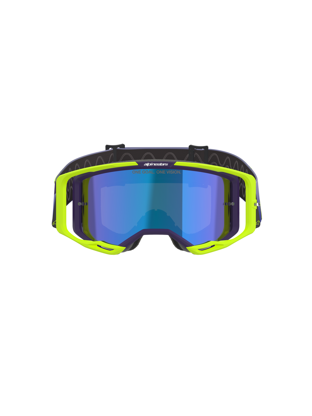 Alpinestars Vision 8 Corp Goggles, maschere da motocross, viola e giallo fluo, con lente blu a specchio, telaio A-FLEX giallo fluorescente con accenti viola e cinturino viola regolabile, occhiali da fuoristrada ad alte prestazioni