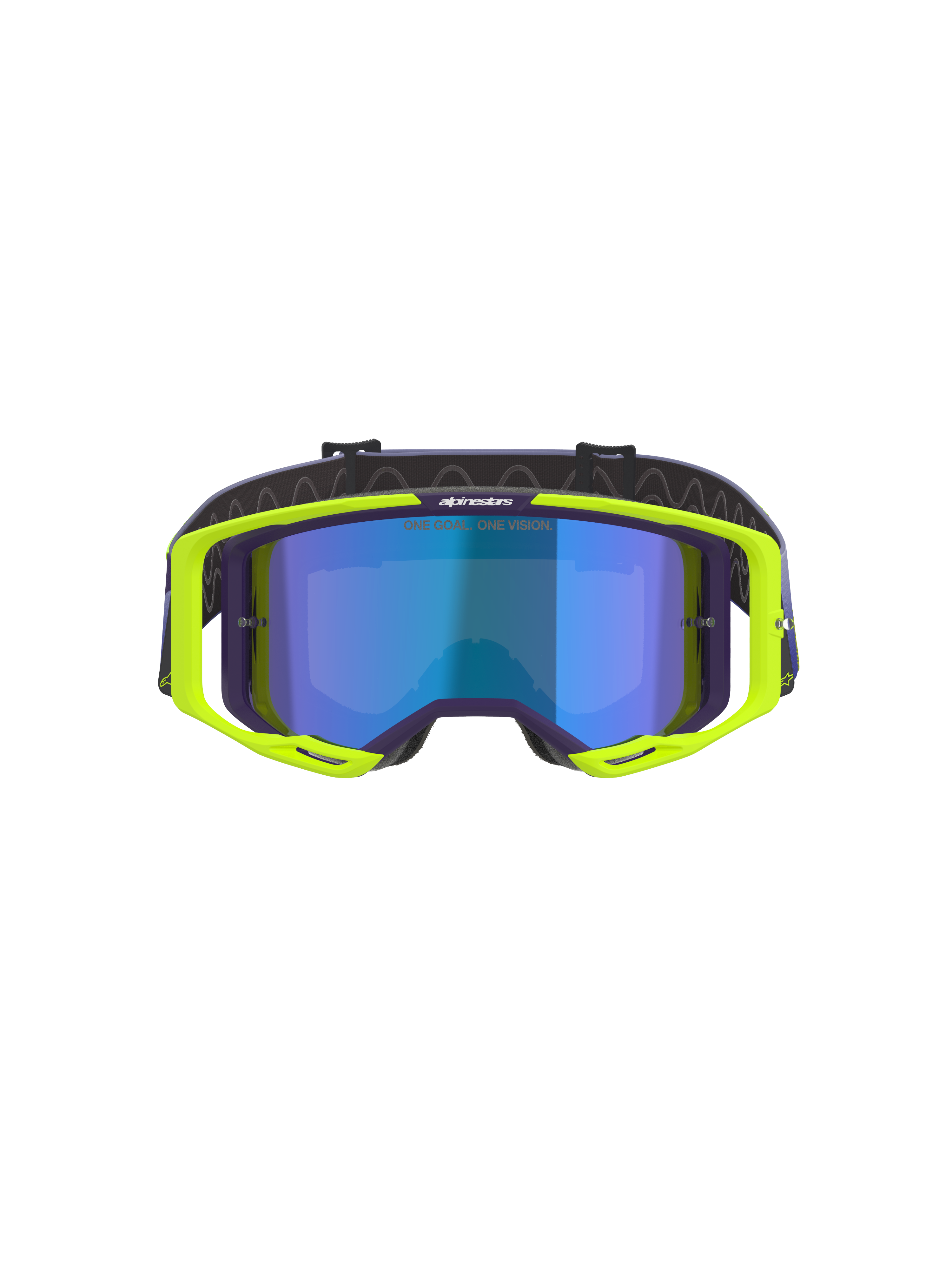 Alpinestars Vision 8 Corp Goggles, maschere da motocross, viola e giallo fluo, con lente blu a specchio, telaio A-FLEX giallo fluorescente con accenti viola e cinturino viola regolabile, occhiali da fuoristrada ad alte prestazioni