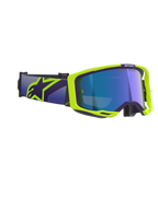 Alpinestars Vision 8 Corp Goggles, occhiali da motocross, viola e giallo fluorescente, con lente Mirror Blue, ampia fascia viola con vistoso logo Alpinestars giallo, telaio flessibile con dettagli di ventilazione per prestazioni off-road