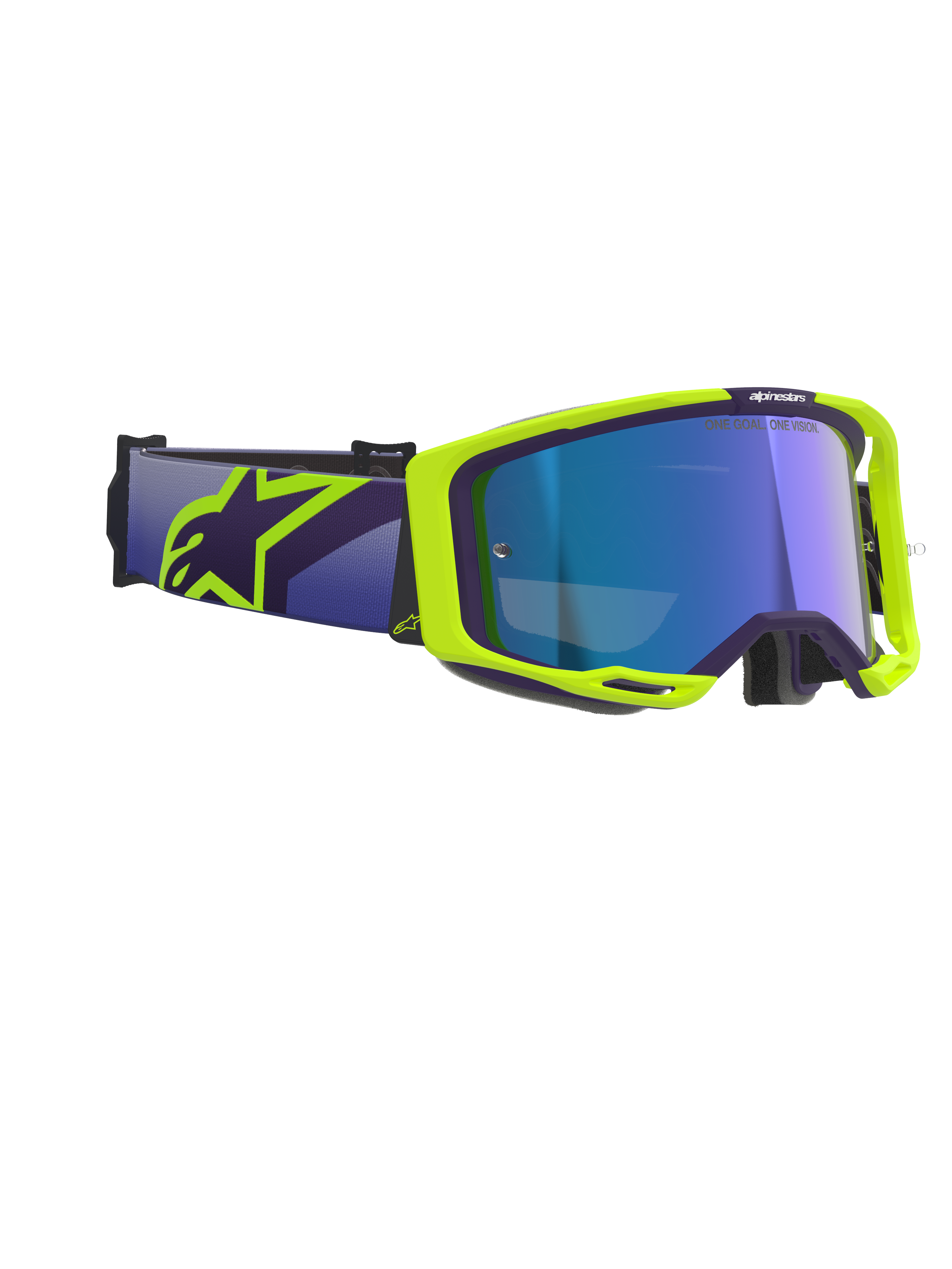 Alpinestars Vision 8 Corp Goggles, occhiali da motocross, viola e giallo fluorescente, con lente Mirror Blue, ampia fascia viola con vistoso logo Alpinestars giallo, telaio flessibile con dettagli di ventilazione per prestazioni off-road