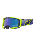 Alpinestars Vision 8 Corp Goggles, maschera da motocross, montatura viola e giallo fluo con lente blu specchiata, ampio cinturino viola e vistoso logo Alpinestars giallo, occhiali ad alte prestazioni per corse fuoristrada