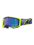 Alpinestars Vision 8 Corp Goggles, maschera da motocross, montatura viola e giallo fluo con lente blu specchiata, ampio cinturino viola e vistoso logo Alpinestars giallo, occhiali ad alte prestazioni per corse fuoristrada