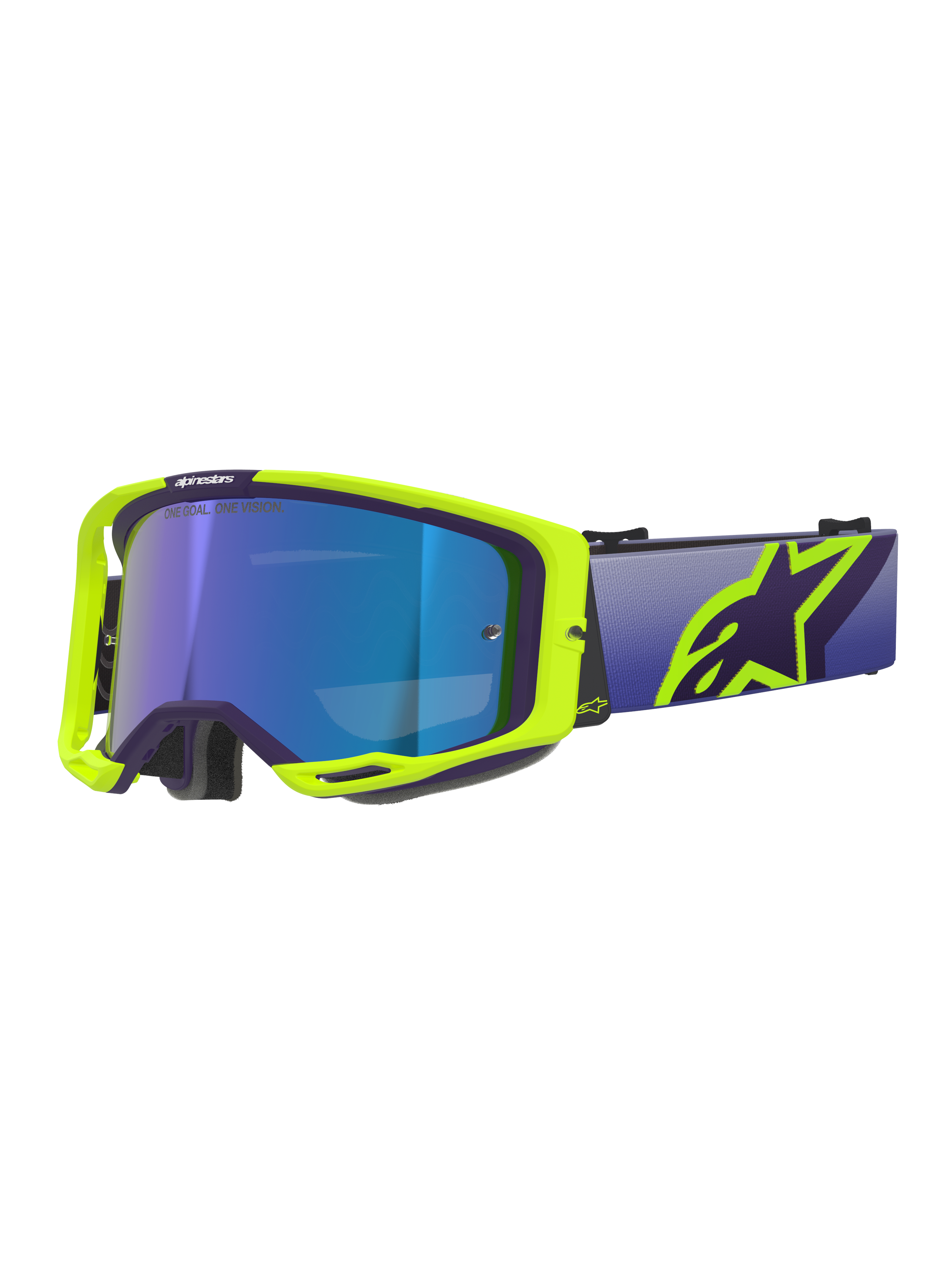 Alpinestars Vision 8 Corp Goggles, maschera da motocross, montatura viola e giallo fluo con lente blu specchiata, ampio cinturino viola e vistoso logo Alpinestars giallo, occhiali ad alte prestazioni per corse fuoristrada