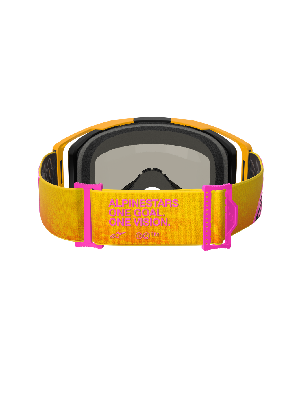 Occhiali Alpinestars Vision 8 Corp, occhiali da motocross, arancione e giallo con accenti rosa, vista posteriore che mostra il cinturino con la scritta 'ALPINESTARS ONE GOAL. ONE VISION.', regolatori del cinturino rosa, montatura arancione con imbottitura in schiuma nera