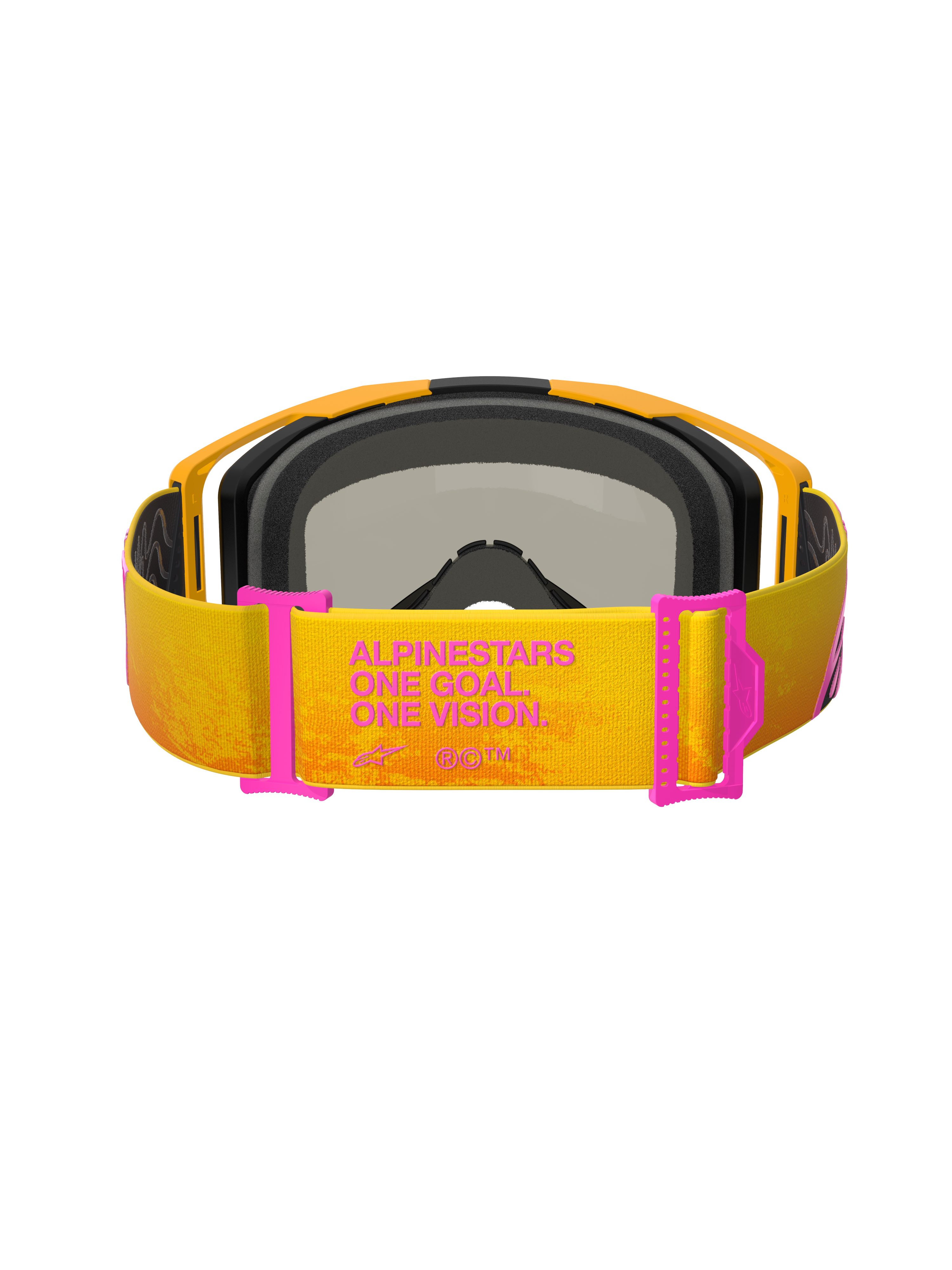 Occhiali Alpinestars Vision 8 Corp, occhiali da motocross, arancione e giallo con accenti rosa, vista posteriore che mostra il cinturino con la scritta 'ALPINESTARS ONE GOAL. ONE VISION.', regolatori del cinturino rosa, montatura arancione con imbottitura in schiuma nera