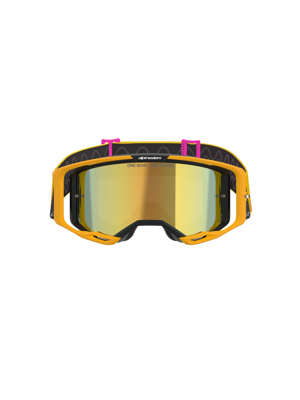 Occhiali Alpinestars Vision 8 Corp, occhiali da motocross, arancione, giallo, rosa e oro specchiato, vista frontale con lente oro specchiata e scritta 'ONE GOAL. ONE VISION.', montatura arancione brillante, fascia nera con clip rosa e motivi a linee ondulate.