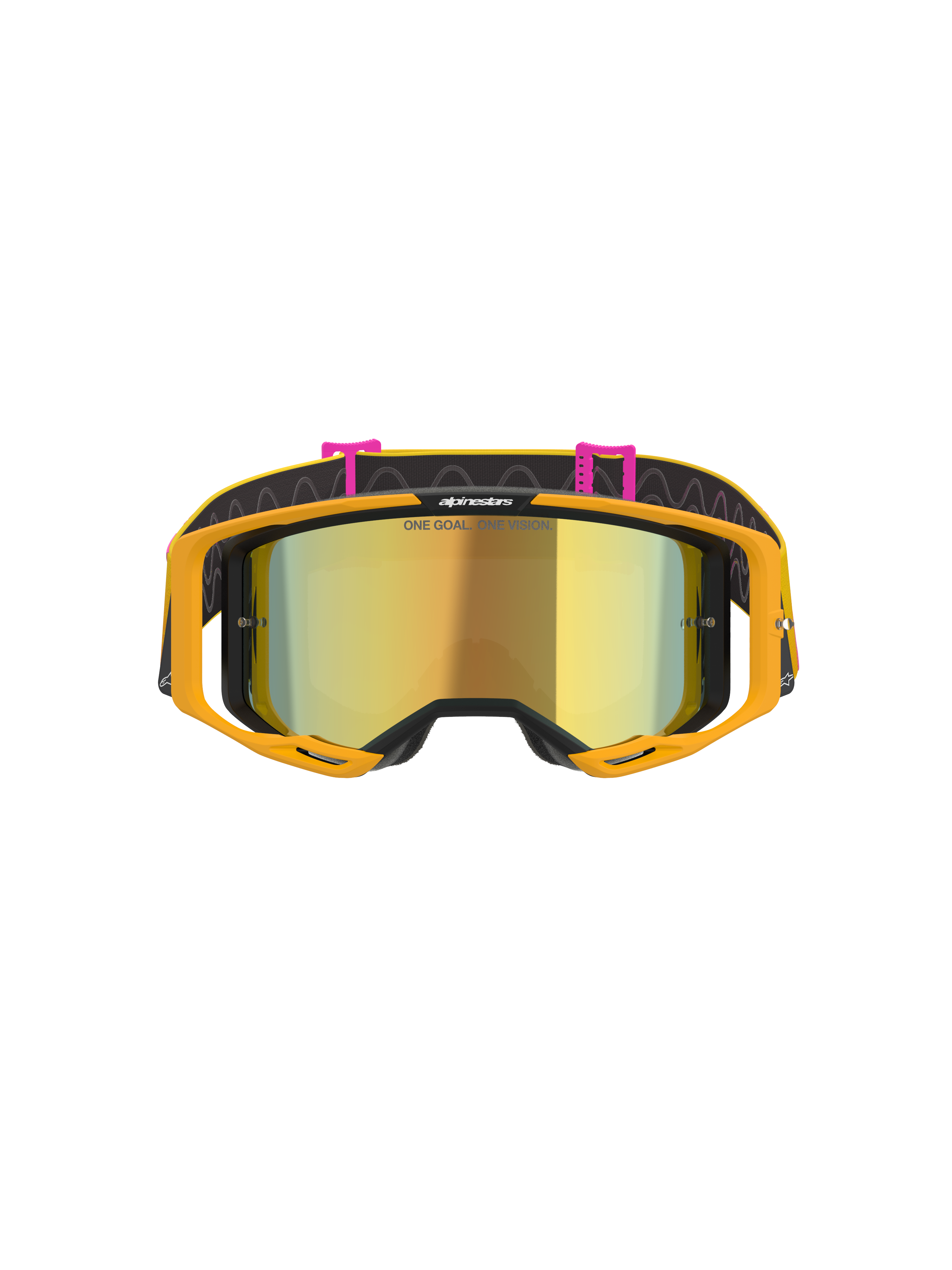 Occhiali Alpinestars Vision 8 Corp, occhiali da motocross, arancione, giallo, rosa e oro specchiato, vista frontale con lente oro specchiata e scritta 'ONE GOAL. ONE VISION.', montatura arancione brillante, fascia nera con clip rosa e motivi a linee ondulate.