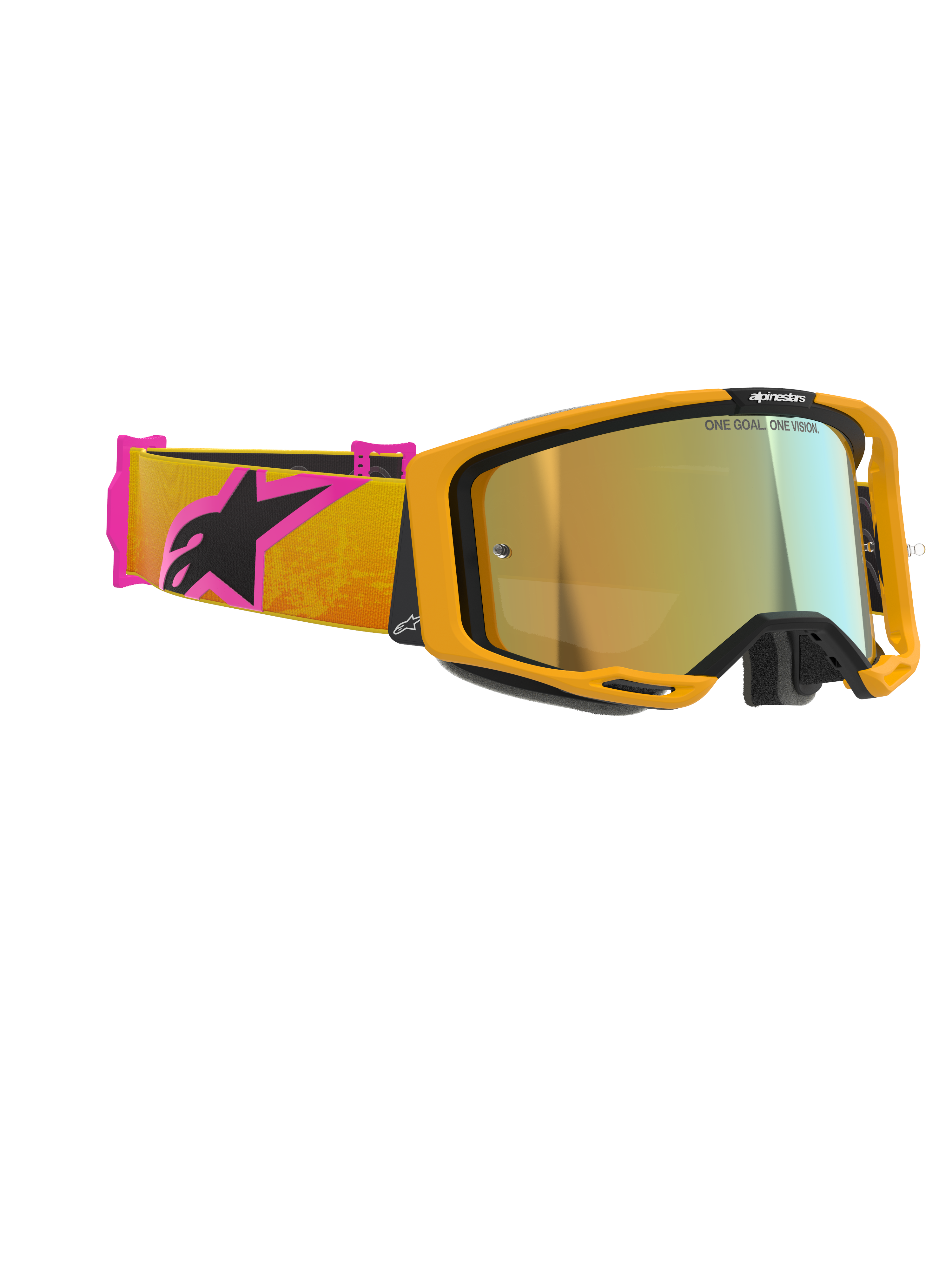 Occhiali Alpinestars Vision 8 Corp, maschera da motocross, montatura arancione con lente a specchio dorata, fascia arancione e rosa con logo Alpinestars nero, design ad alte prestazioni per corse fuoristrada