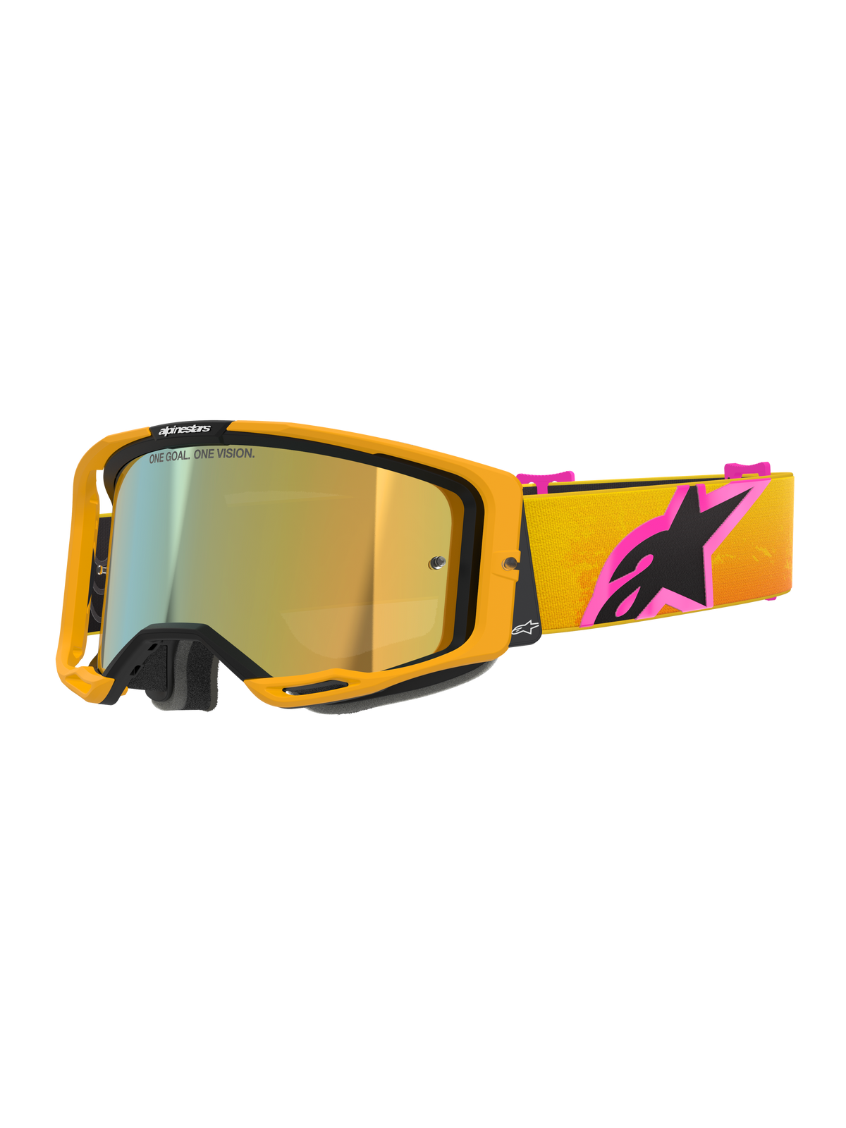 Occhiali Alpinestars Vision 8 Corp, occhiali da motocross, montatura arancione con lente Mirror Gold, cinturino sfumato giallo e arancione con grande logo Alpinestars rosa e nero, design elegante ad alte prestazioni per corse fuoristrada