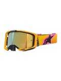 Occhiali Alpinestars Vision 8 Corp, occhiali da motocross, montatura arancione con lente Mirror Gold, cinturino sfumato giallo e arancione con grande logo Alpinestars rosa e nero, design elegante ad alte prestazioni per corse fuoristrada