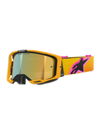 Occhiali Alpinestars Vision 8 Corp, occhiali da motocross, montatura arancione con lente Mirror Gold, cinturino sfumato giallo e arancione con grande logo Alpinestars rosa e nero, design elegante ad alte prestazioni per corse fuoristrada