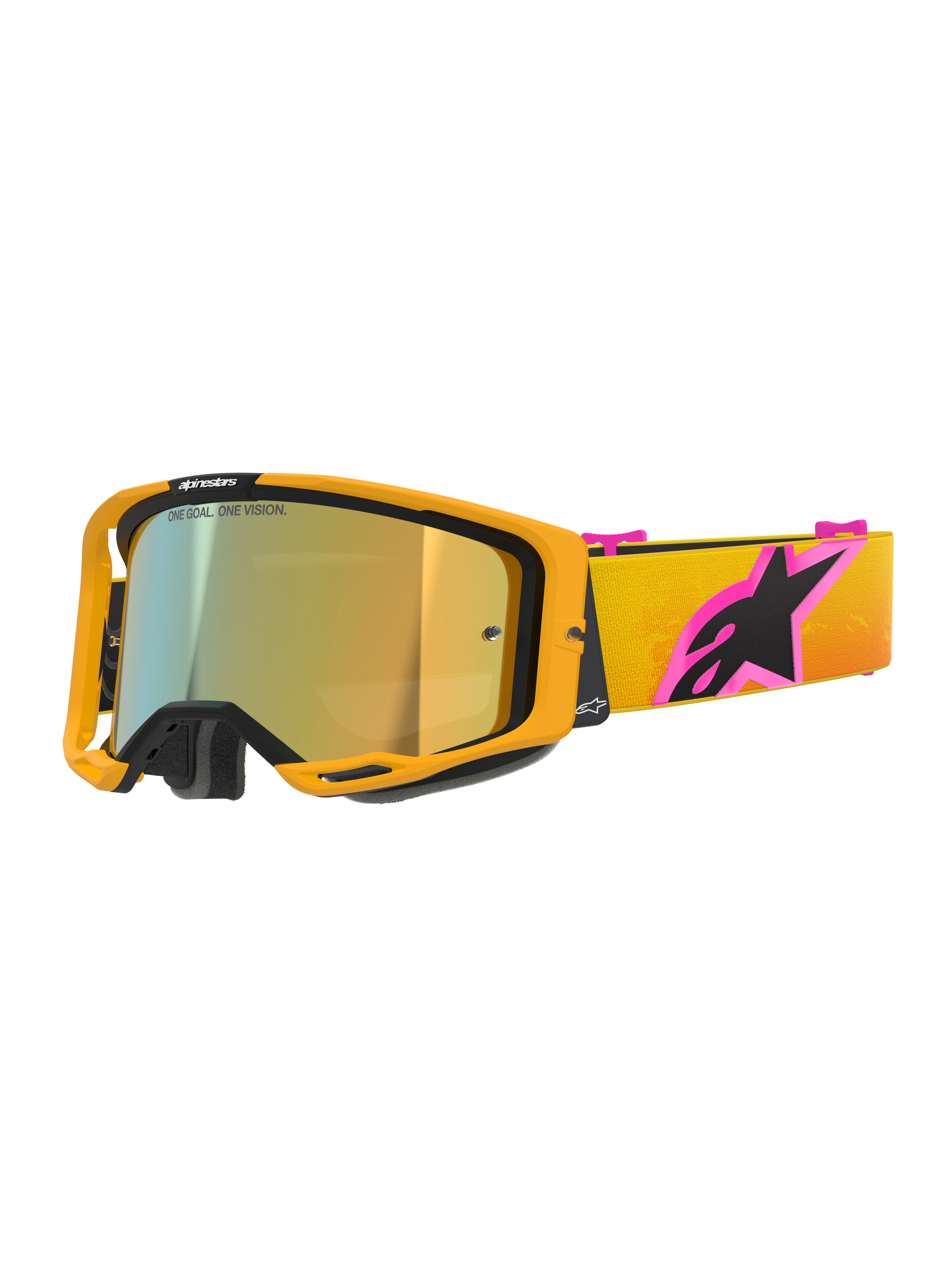 Occhiali Alpinestars Vision 8 Corp, occhiali da motocross, montatura arancione con lente Mirror Gold, cinturino sfumato giallo e arancione con grande logo Alpinestars rosa e nero, design elegante ad alte prestazioni per corse fuoristrada