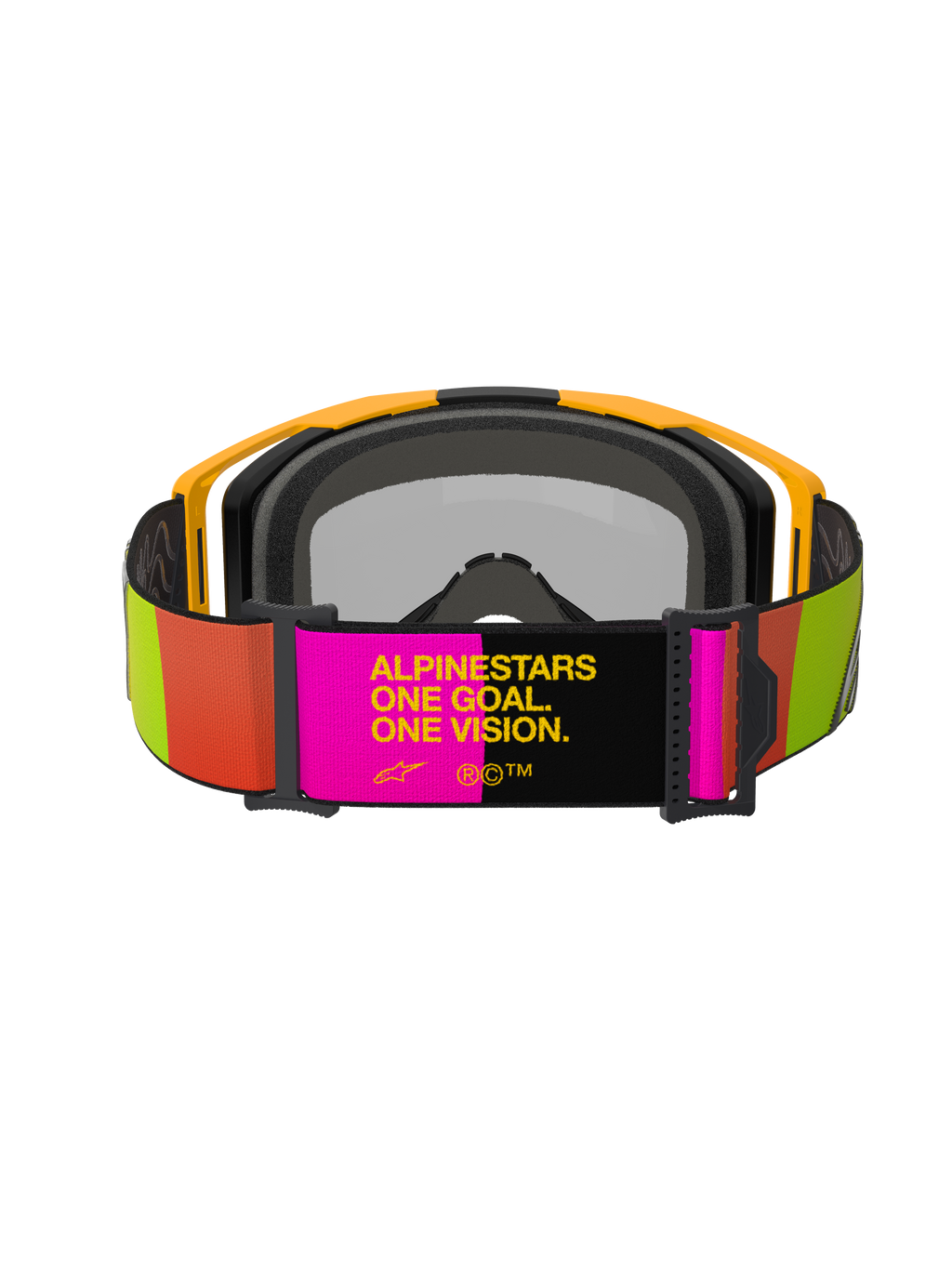 Alpinestars Vision 8 Corp Goggles, occhiali da motocross, giallo e rosa, vista posteriore con fascia regolabile e slogan "ALPINESTARS ONE GOAL. ONE VISION.", accenti vivaci lime e arancione, montatura gialla con imbottitura grigia.