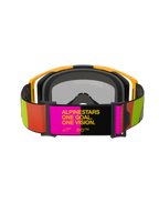 Alpinestars Vision 8 Corp Goggles, occhiali da motocross, giallo e rosa, vista posteriore con fascia regolabile e slogan "ALPINESTARS ONE GOAL. ONE VISION.", accenti vivaci lime e arancione, montatura gialla con imbottitura grigia.