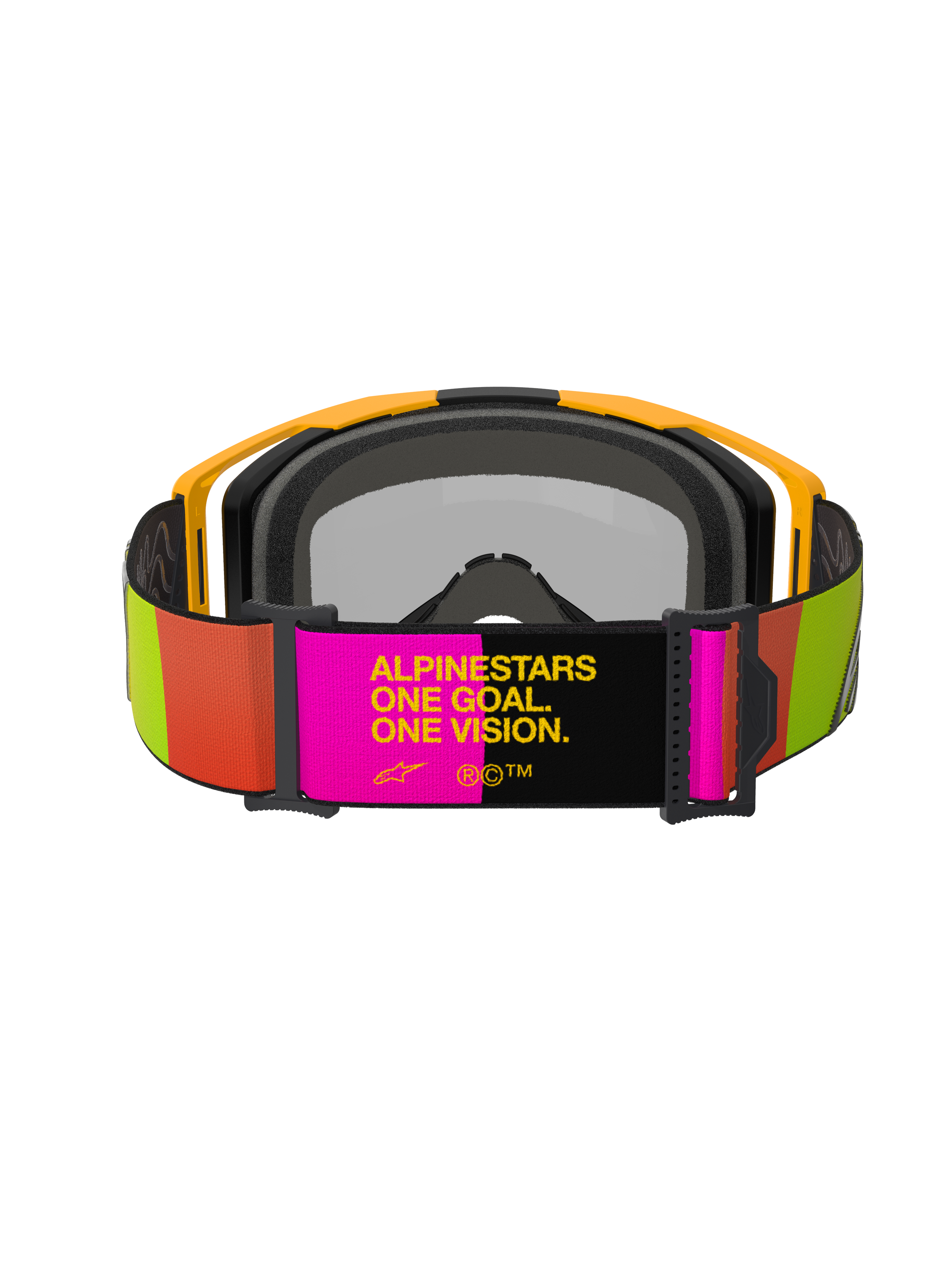 Alpinestars Vision 8 Corp Goggles, occhiali da motocross, giallo e rosa, vista posteriore con fascia regolabile e slogan "ALPINESTARS ONE GOAL. ONE VISION.", accenti vivaci lime e arancione, montatura gialla con imbottitura grigia.