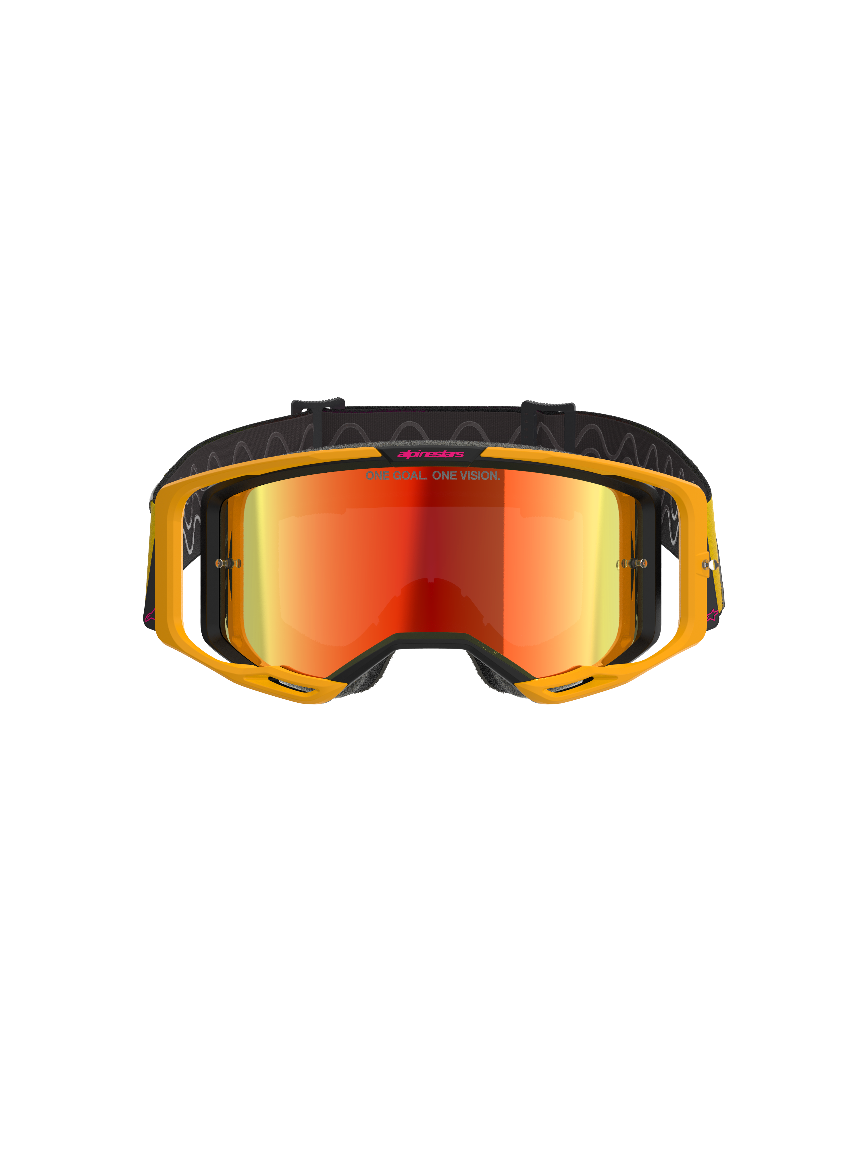 Occhiali Alpinestars Vision 8 Corp, occhiali da motocross, giallo e rosa con lente rossa a specchio, con telaio A-FLEX giallo brillante, lente rossa riflettente e fascia nera con marchio Alpinestars rosa e scritta 'ONE GOAL. ONE VISION.', protezione oculare professionale per gare fuoristrada