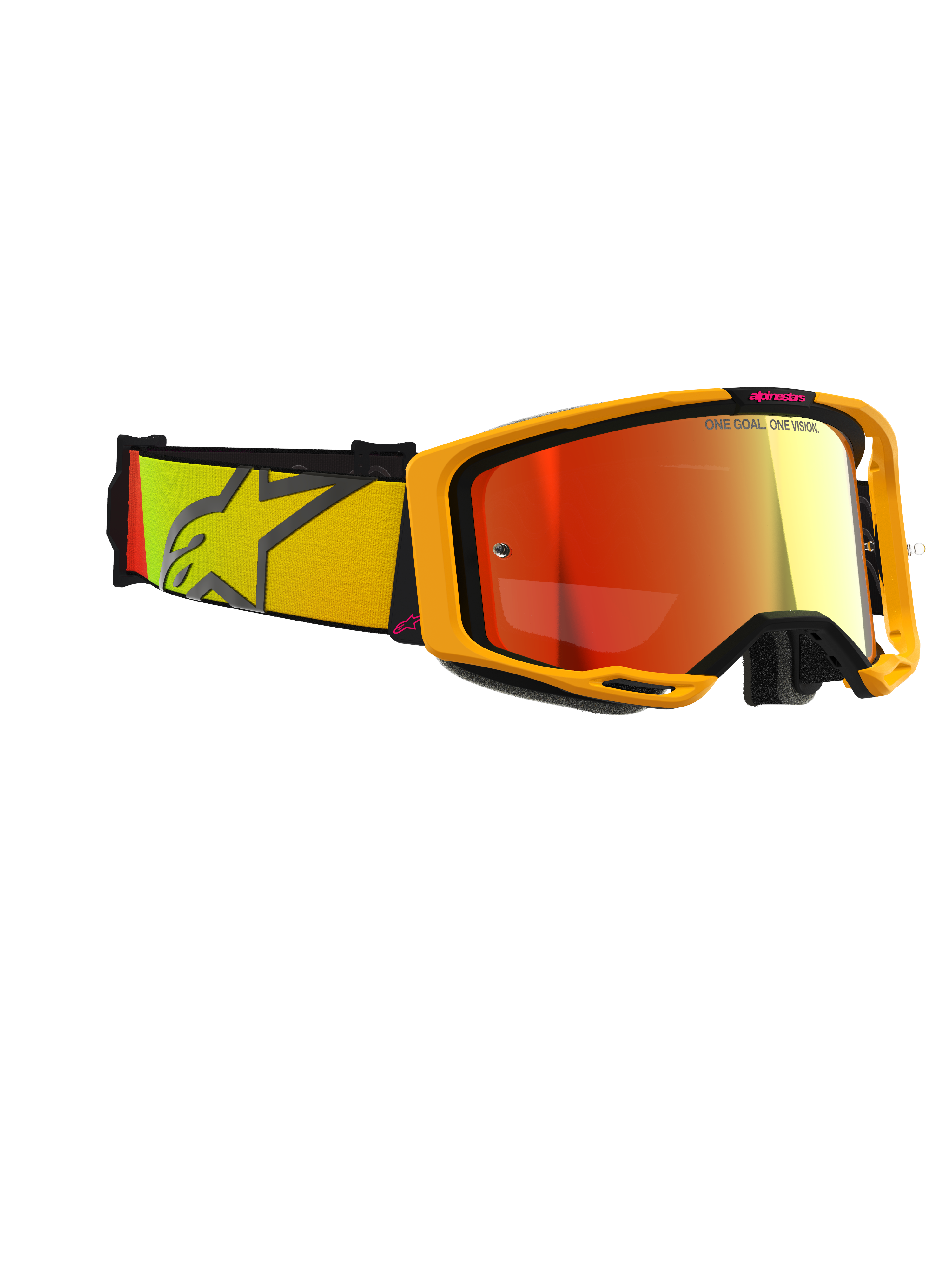 Occhiali Alpinestars Vision 8 Corp, maschera da motocross, giallo e rosa con lente Mirror Red, ampia fascia con sfumatura gialla e rosa e grande logo a stella, telaio leggero A-FLEX con stabilizzatori neri, occhiali protettivi per gare fuoristrada.