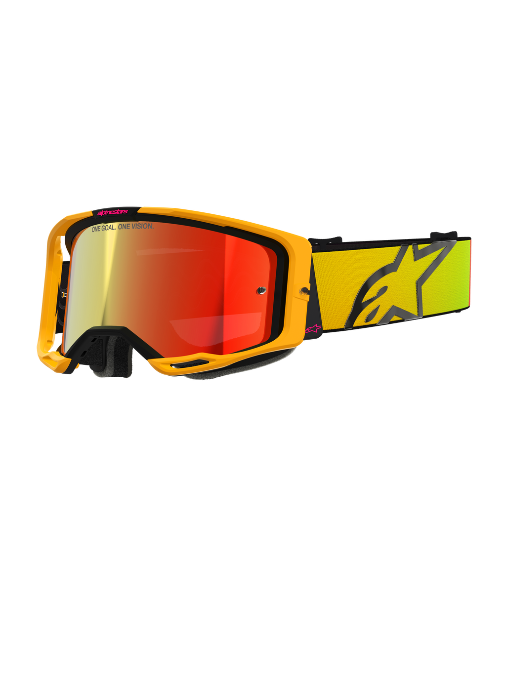 Maschera Alpinestars Vision 8 Corp, occhiali da motocross gialli e rosa, lente riflettente rossa a specchio, ampio cinturino giallo con grande logo a stella nero, marchio 'ONE GOAL. ONE VISION.', occhiali professionali per corse fuoristrada