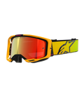 Maschera Alpinestars Vision 8 Corp, occhiali da motocross gialli e rosa, lente riflettente rossa a specchio, ampio cinturino giallo con grande logo a stella nero, marchio 'ONE GOAL. ONE VISION.', occhiali professionali per corse fuoristrada