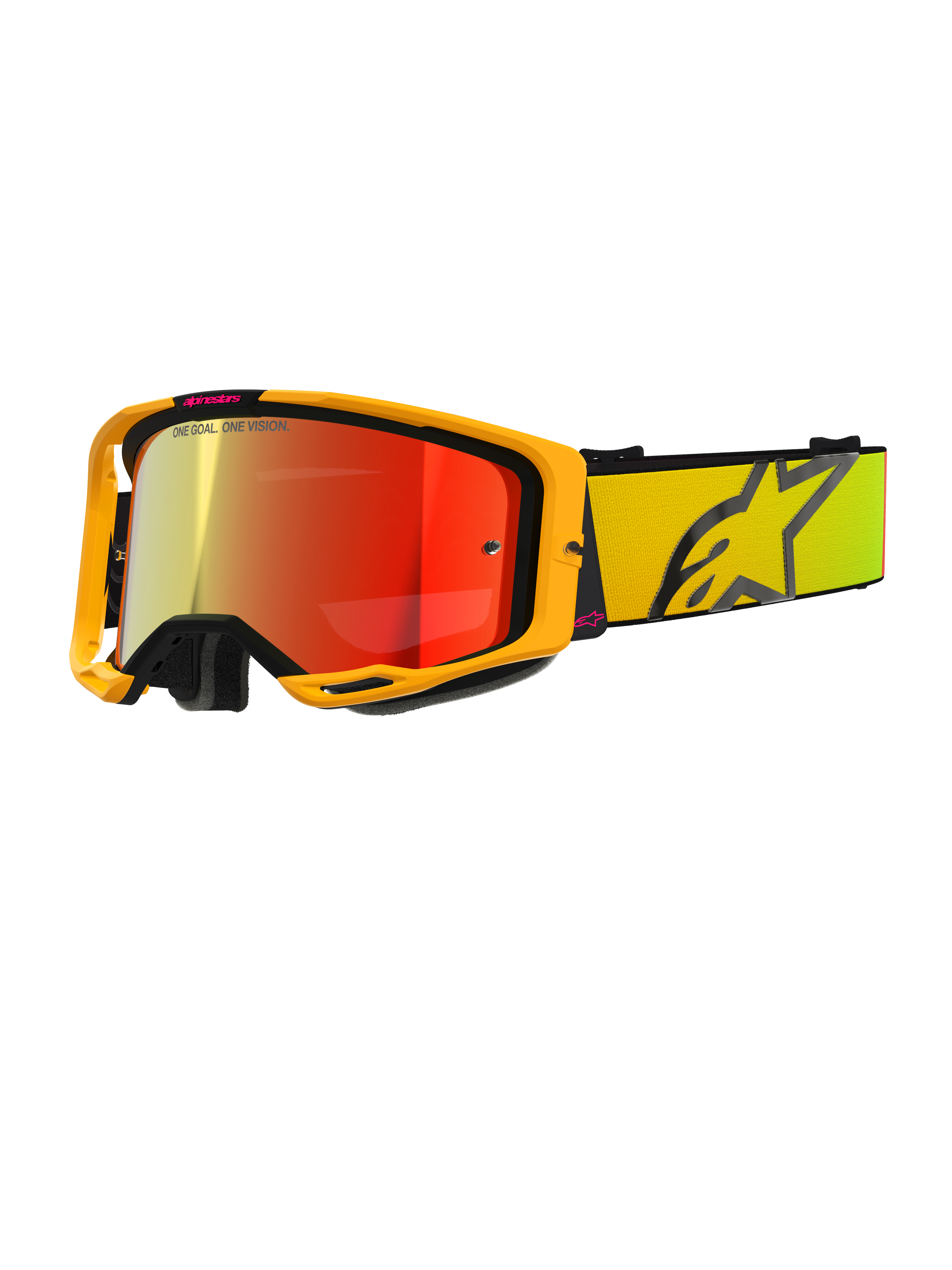 Maschera Alpinestars Vision 8 Corp, occhiali da motocross gialli e rosa, lente riflettente rossa a specchio, ampio cinturino giallo con grande logo a stella nero, marchio 'ONE GOAL. ONE VISION.', occhiali professionali per corse fuoristrada