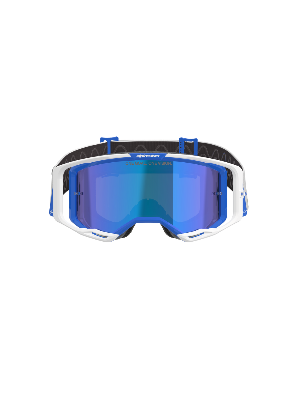 Alpinestars Vision 8 Corp Goggles, occhiali da motocross, blu e bianco con lente blu specchiata, montatura esterna bianca, dettagli interni blu e scritta 'One Goal. One Vision.' sulla lente, progettati per prestazioni nelle gare off-road