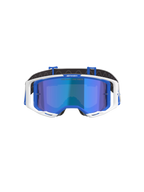 Alpinestars Vision 8 Corp Goggles, occhiali da motocross, blu e bianco con lente blu specchiata, montatura esterna bianca, dettagli interni blu e scritta 'One Goal. One Vision.' sulla lente, progettati per prestazioni nelle gare off-road