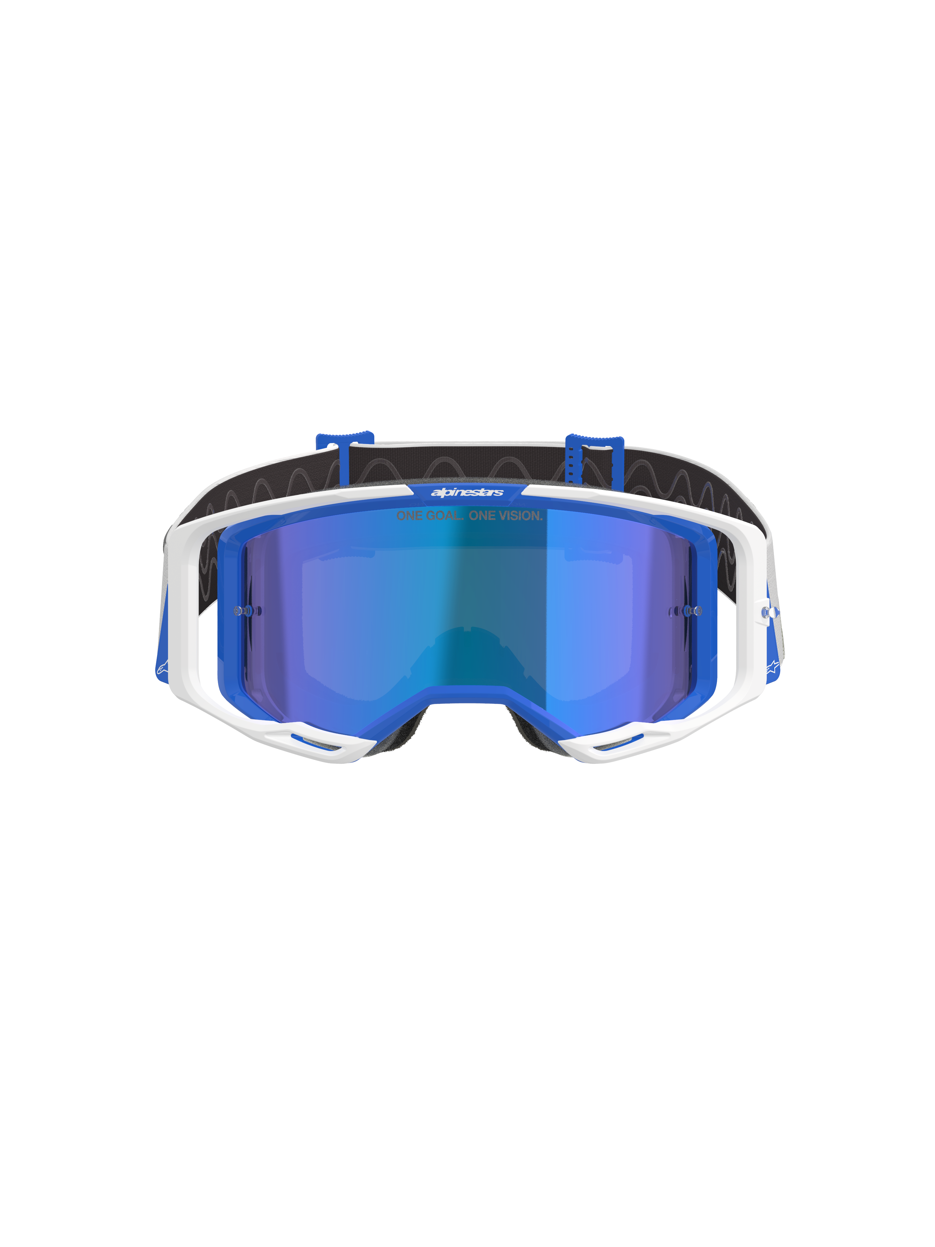Alpinestars Vision 8 Corp Goggles, occhiali da motocross, blu e bianco con lente blu specchiata, montatura esterna bianca, dettagli interni blu e scritta 'One Goal. One Vision.' sulla lente, progettati per prestazioni nelle gare off-road