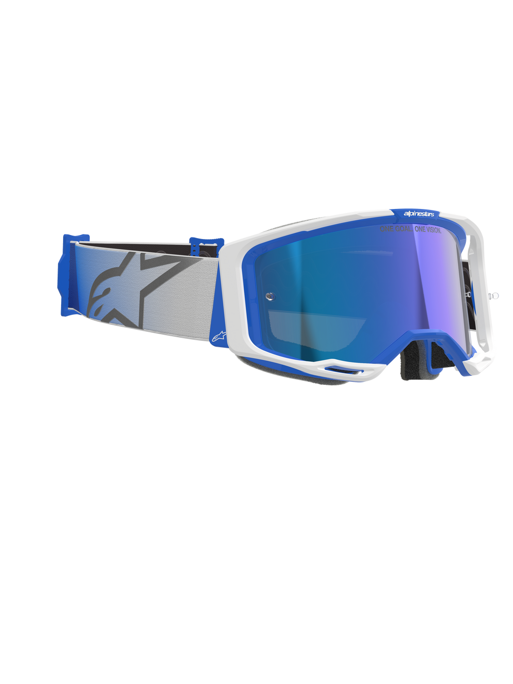 Alpinestars Vision 8 Corp Goggles, occhiali da motocross, blu e bianco con lente a specchio blu, fascia intrecciata grigio chiaro con logo a stella blu, elegante design della montatura A-FLEX con lente specchiata per gare fuoristrada