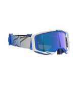 Alpinestars Vision 8 Corp Goggles, occhiali da motocross, blu e bianco con lente a specchio blu, fascia intrecciata grigio chiaro con logo a stella blu, elegante design della montatura A-FLEX con lente specchiata per gare fuoristrada
