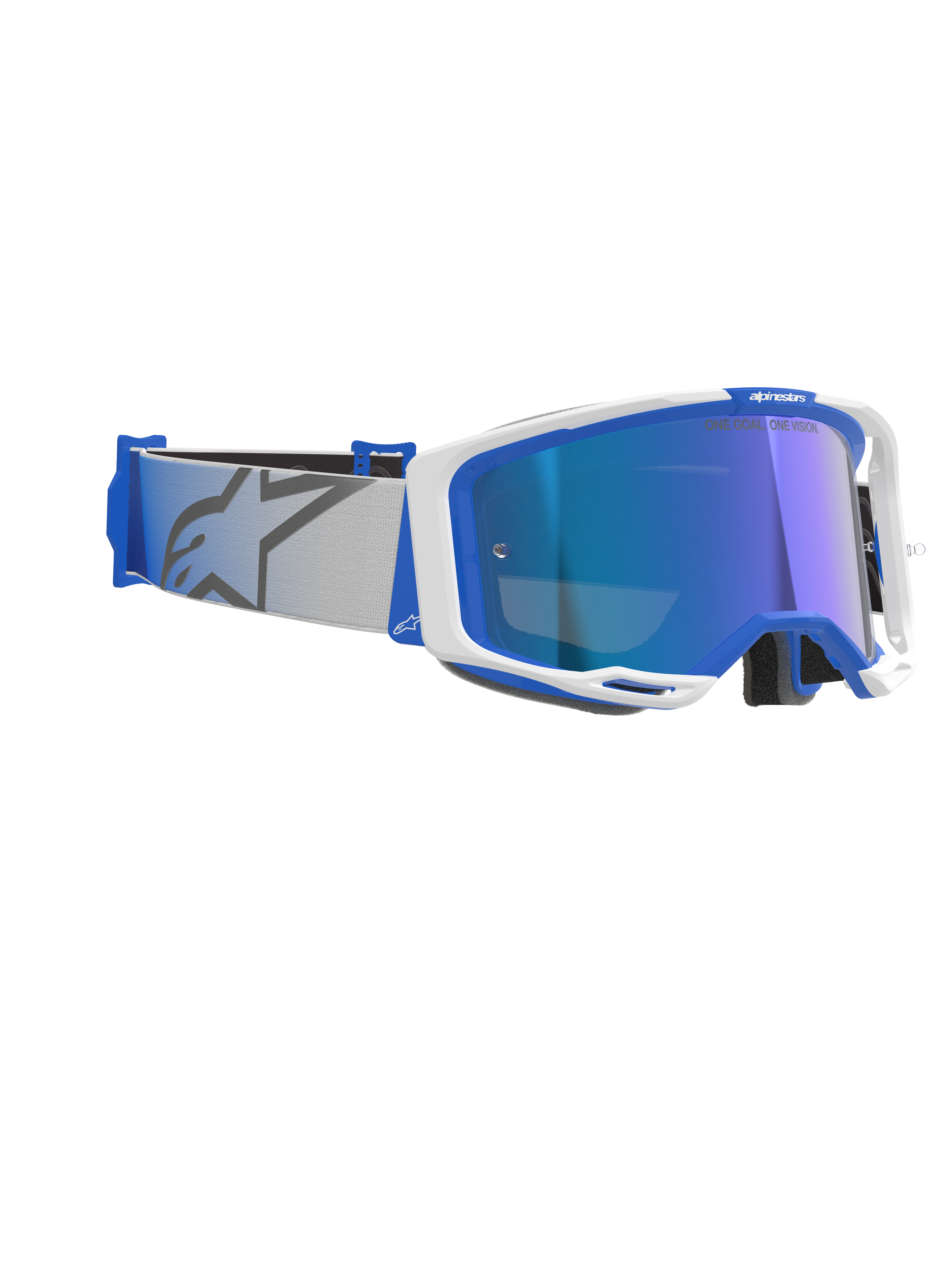 Alpinestars Vision 8 Corp Goggles, occhiali da motocross, blu e bianco con lente a specchio blu, fascia intrecciata grigio chiaro con logo a stella blu, elegante design della montatura A-FLEX con lente specchiata per gare fuoristrada
